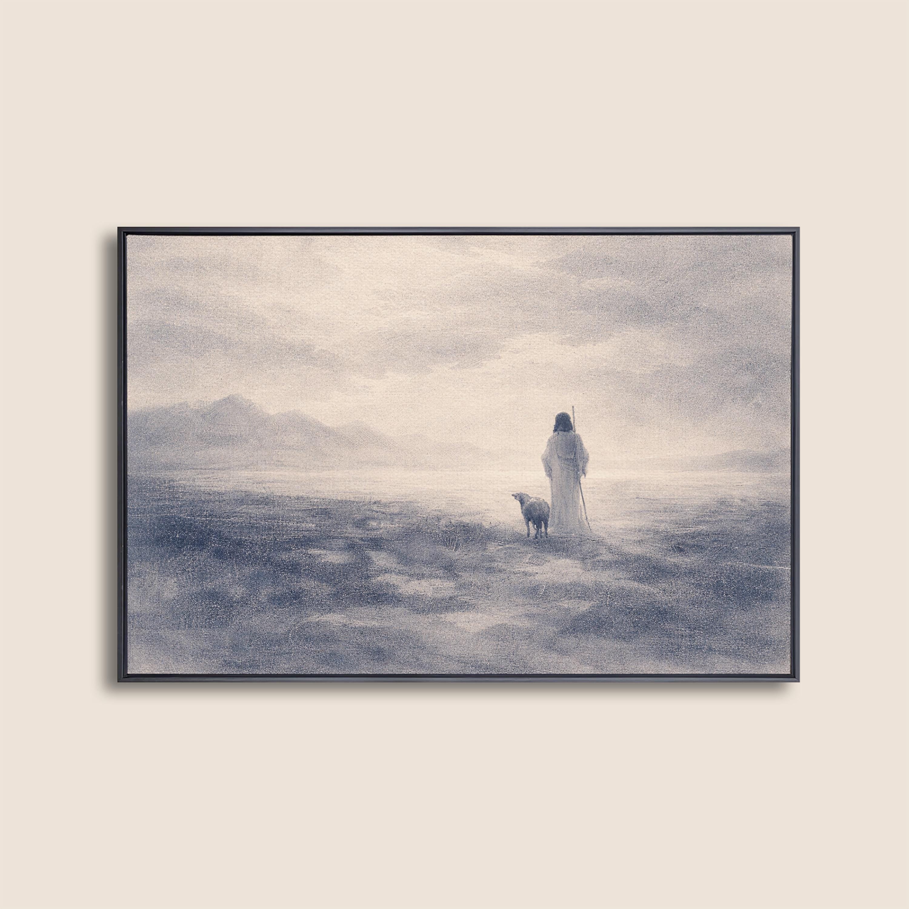 Good Shepherd Wall Art – Jesus Print – Neutral Christian Wall Decor – Psalm 23 Inspired Faith Artwork – Vintage Biblical Farmhouse Art