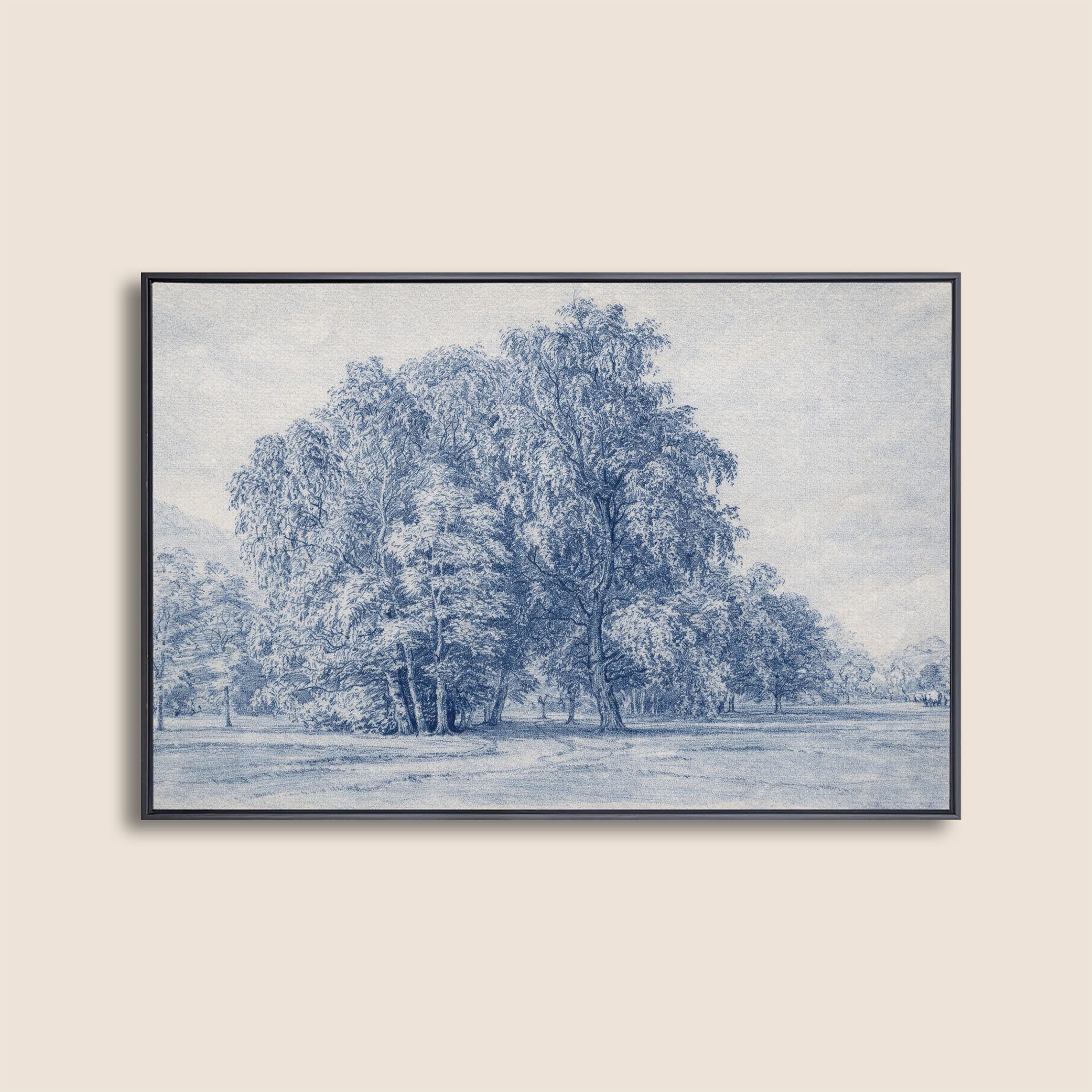 Blue Vintage Landscape Wall Art – Neutral French Country Tree Print – Moody Farmhouse Wall Decor – Classic European Pastoral Artwork