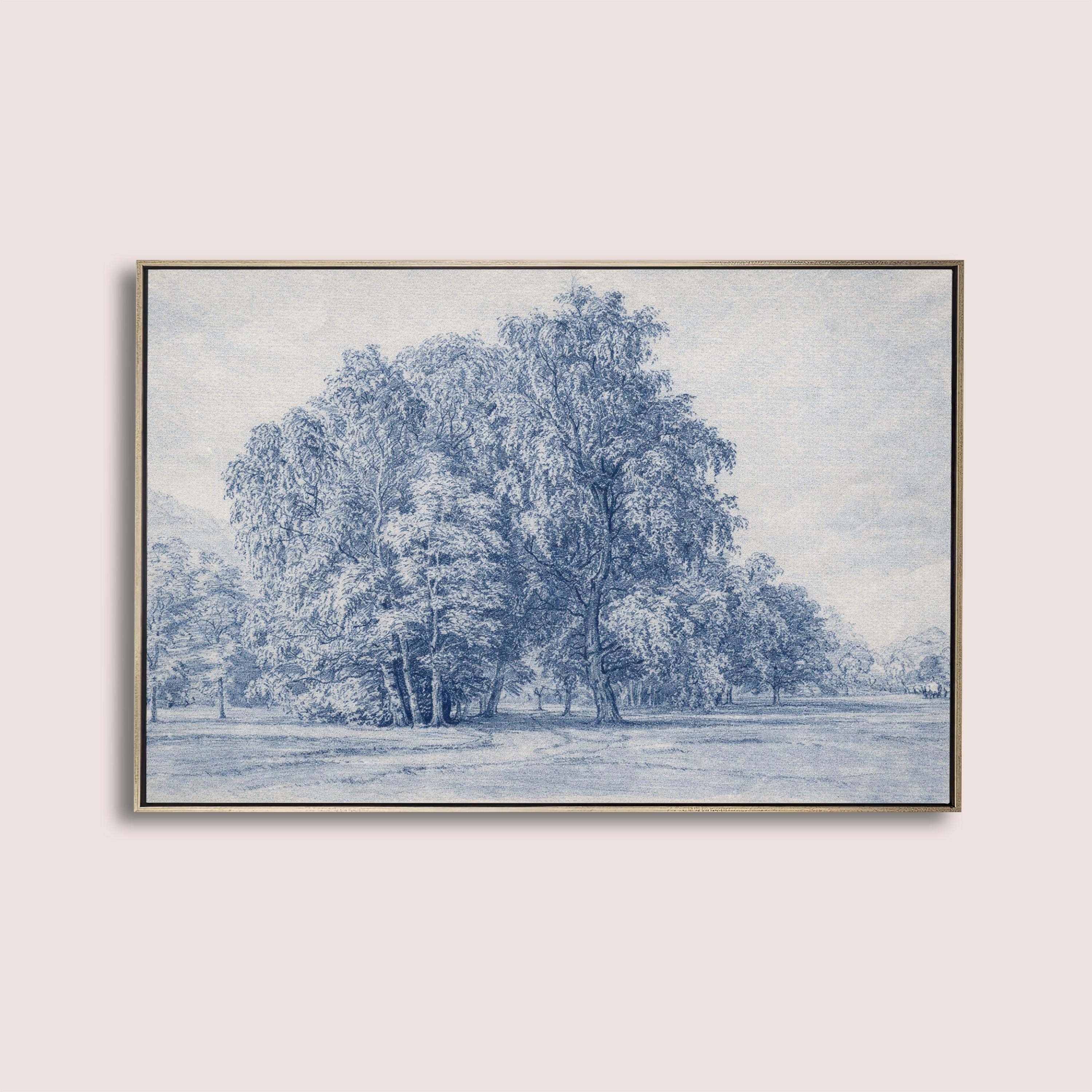 Blue Vintage Landscape Wall Art – Neutral French Country Tree Print – Moody Farmhouse Wall Decor – Classic European Pastoral Artwork