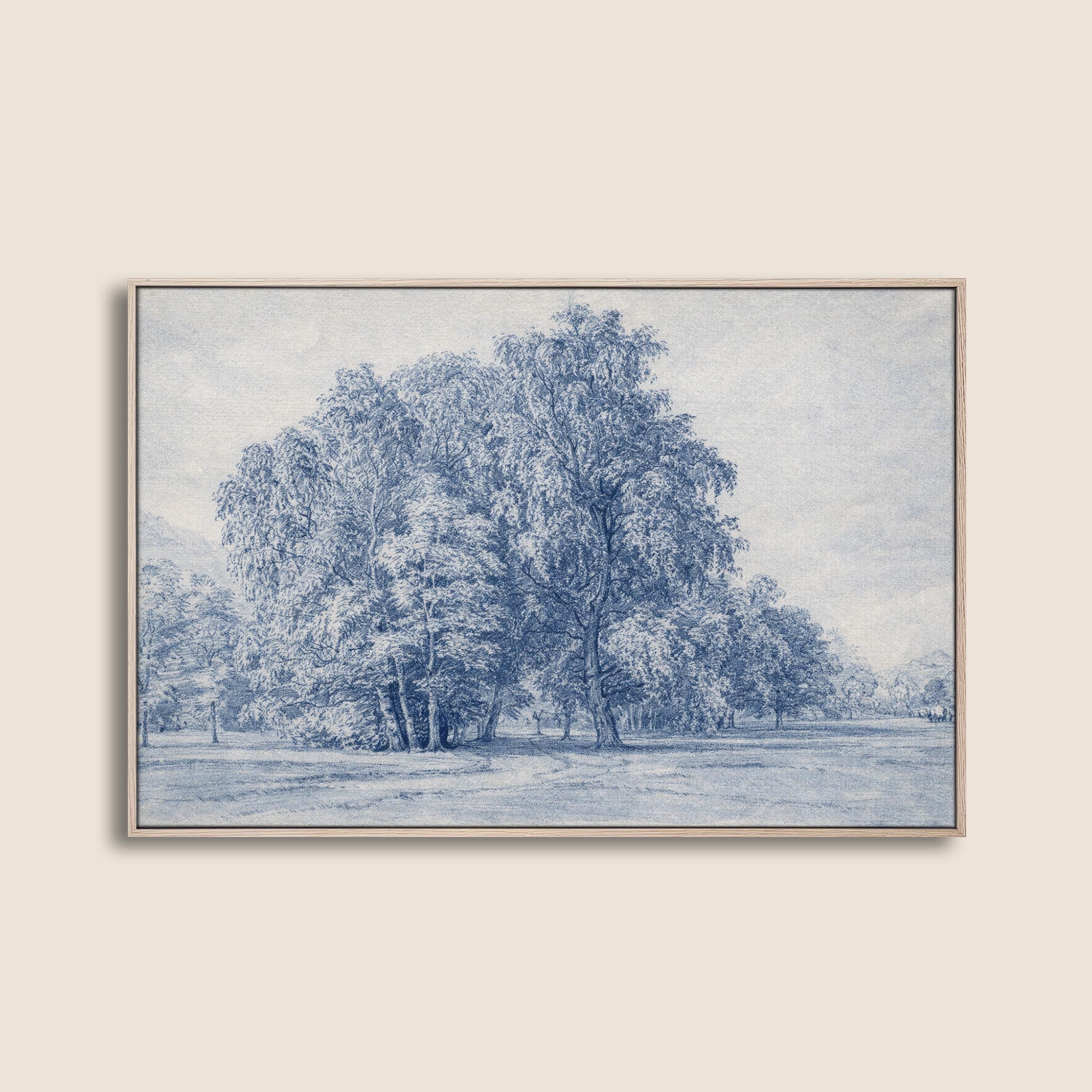 Blue Vintage Landscape Wall Art – Neutral French Country Tree Print – Moody Farmhouse Wall Decor – Classic European Pastoral Artwork