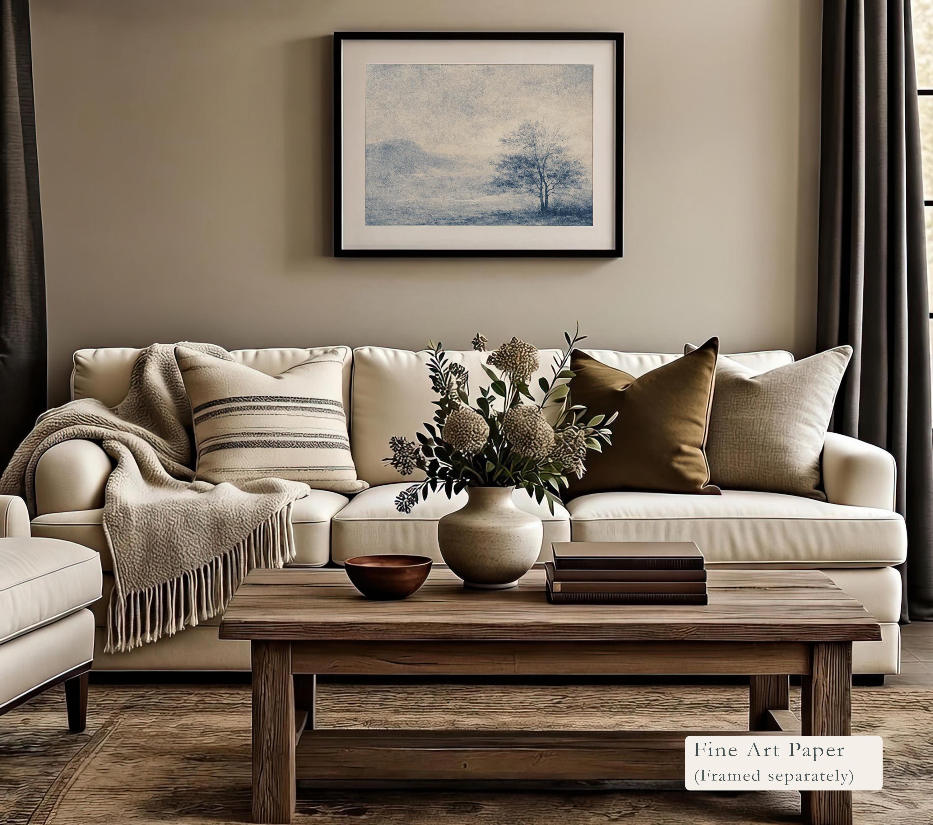 Blue Landscape Wall Art Print, Neutral Wall Decor for Living Room, Vintage Minimalist Canvas Art