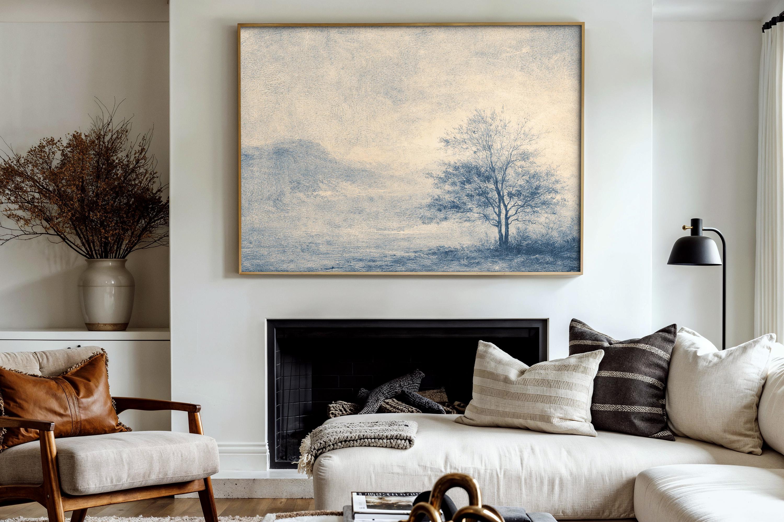 Blue Landscape Wall Art Print, Neutral Wall Decor for Living Room, Vintage Minimalist Canvas Art
