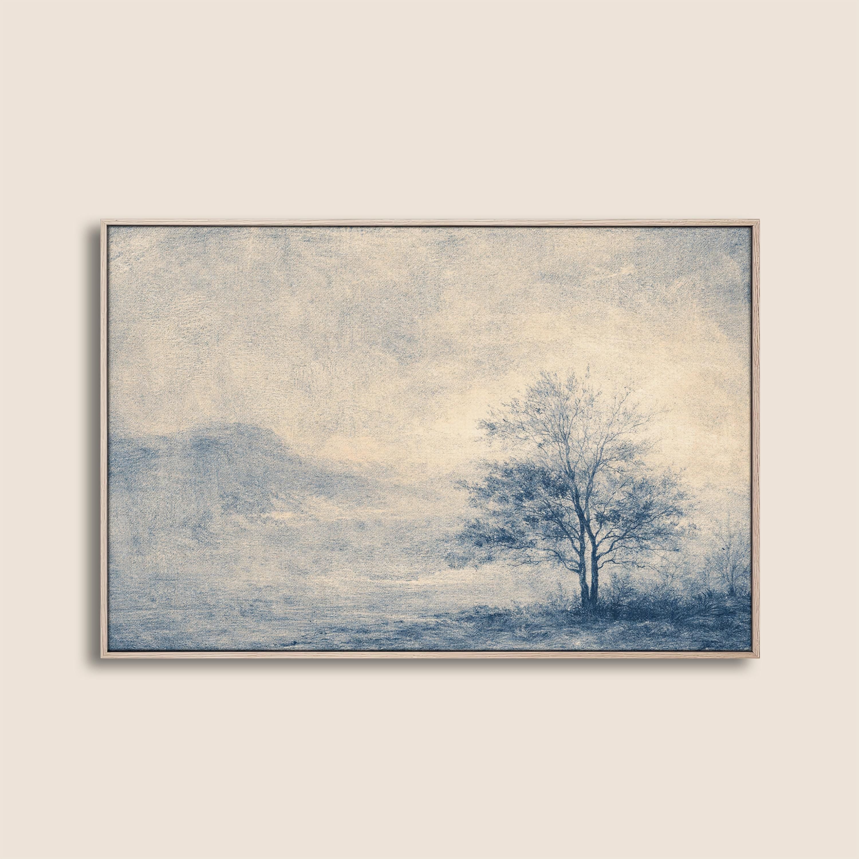 Blue Landscape Wall Art Print, Neutral Wall Decor for Living Room, Vintage Minimalist Canvas Art