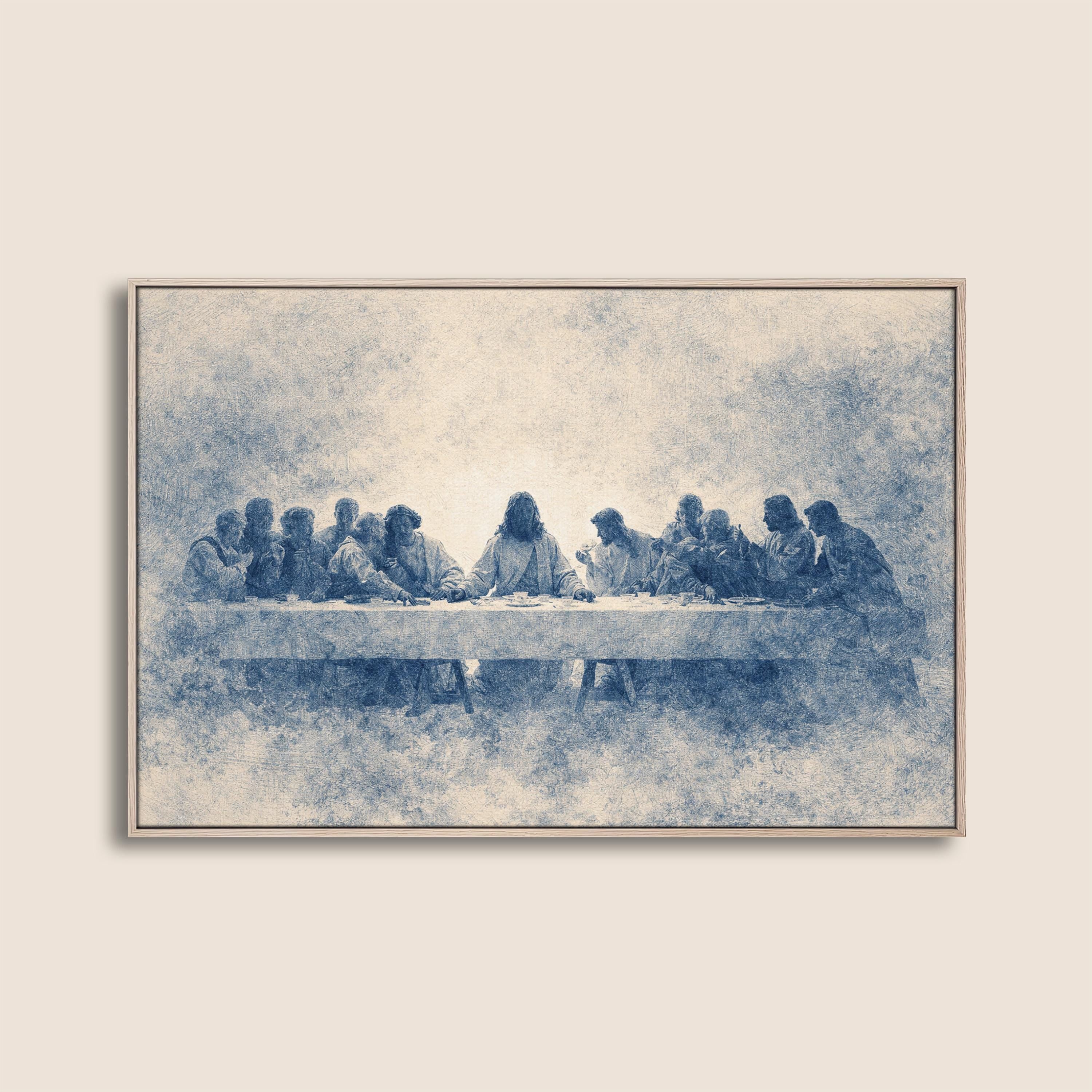 Last Supper Wall Art Print, Blue Vintage Christian Canvas, Neutral Religious Wall Decor, Large Biblical Artwork for Dining Room