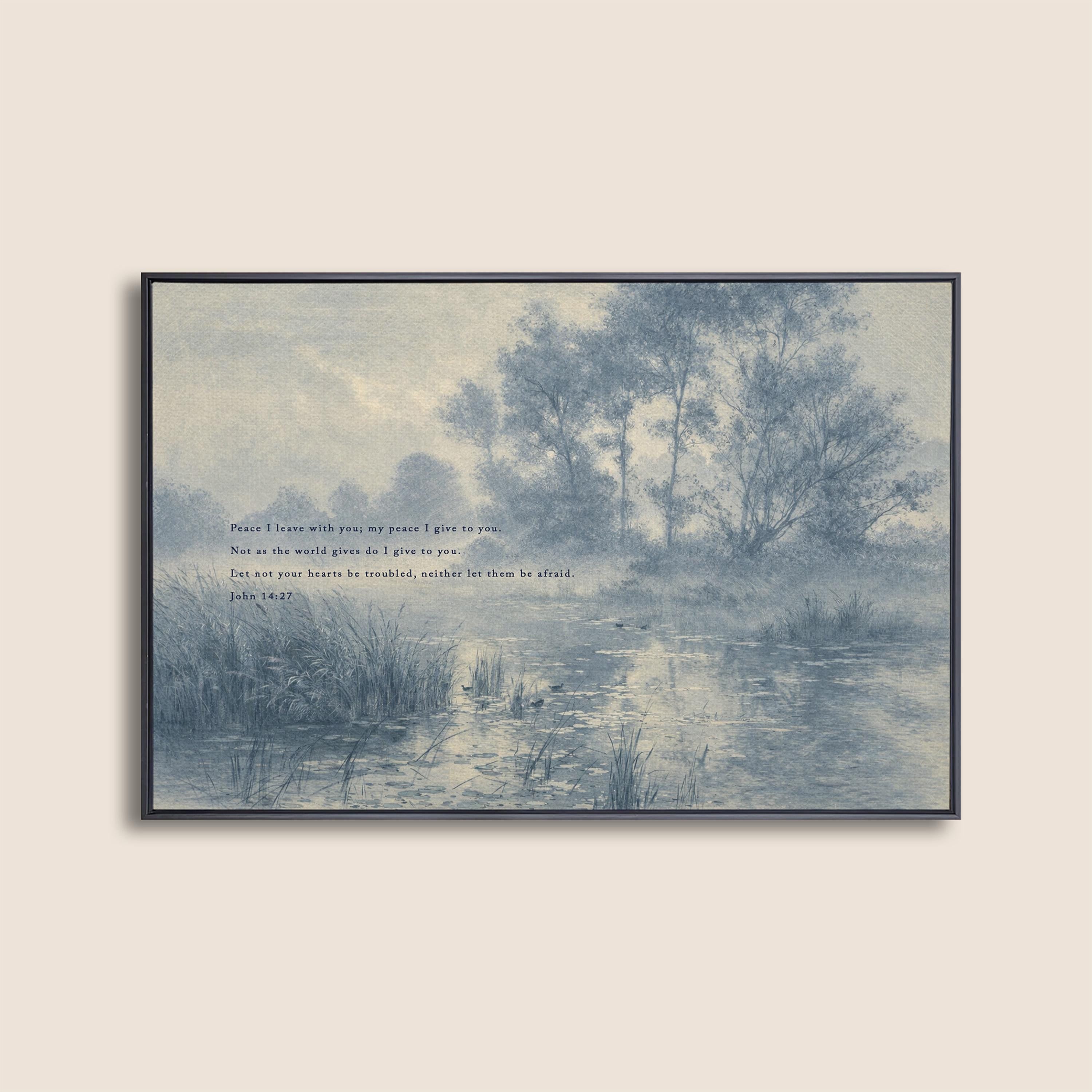 John 14:27 Bible Verse Wall Art, Peace I Leave with You Scripture Print, Blue Vintage Landscape Christian Home Decor, Neutral Faith Art