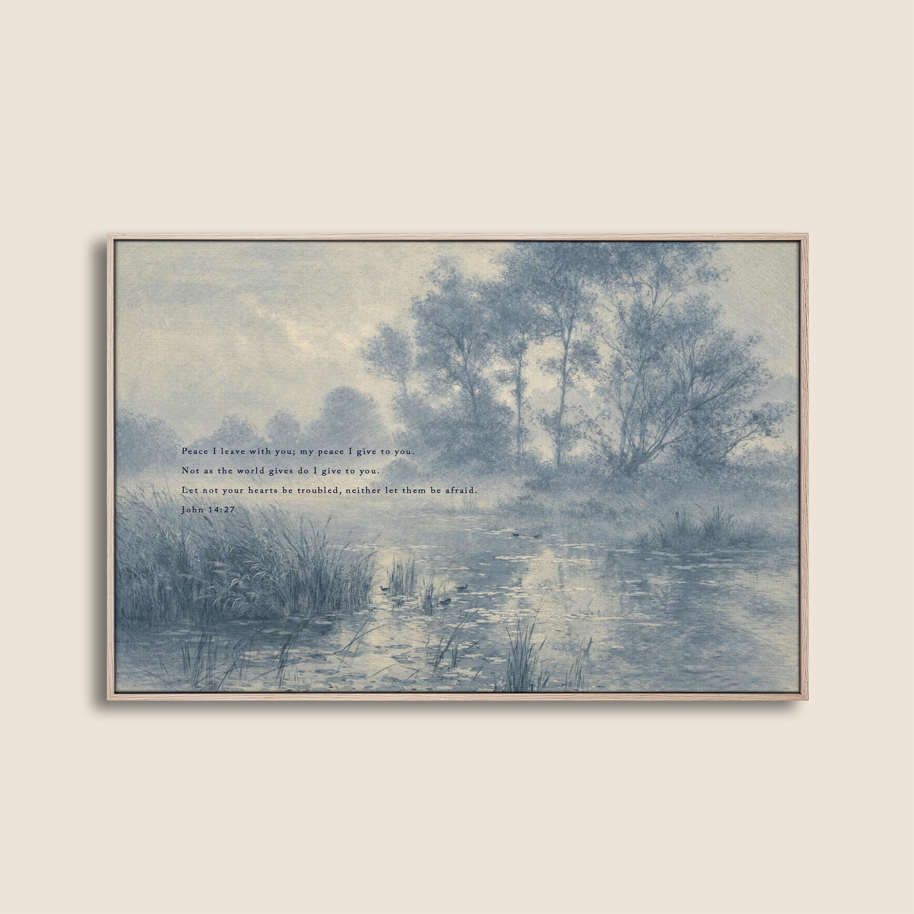 John 14:27 Bible Verse Wall Art, Peace I Leave with You Scripture Print, Blue Vintage Landscape Christian Home Decor, Neutral Faith Art