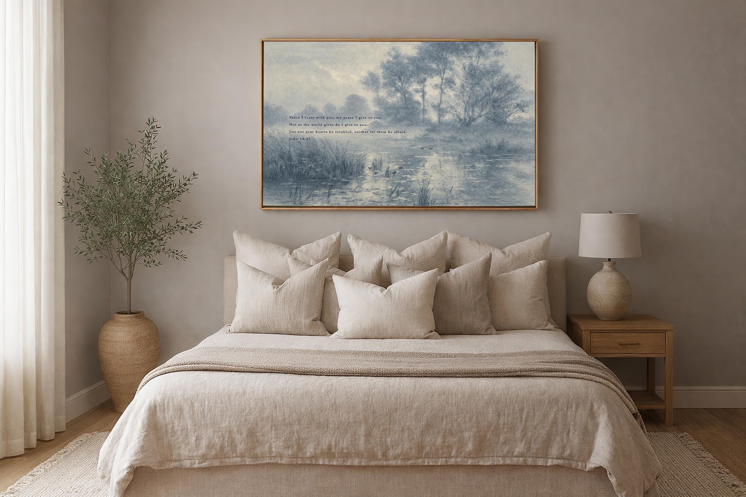 John 14:27 Bible Verse Wall Art, Peace I Leave with You Scripture Print, Blue Vintage Landscape Christian Home Decor, Neutral Faith Art