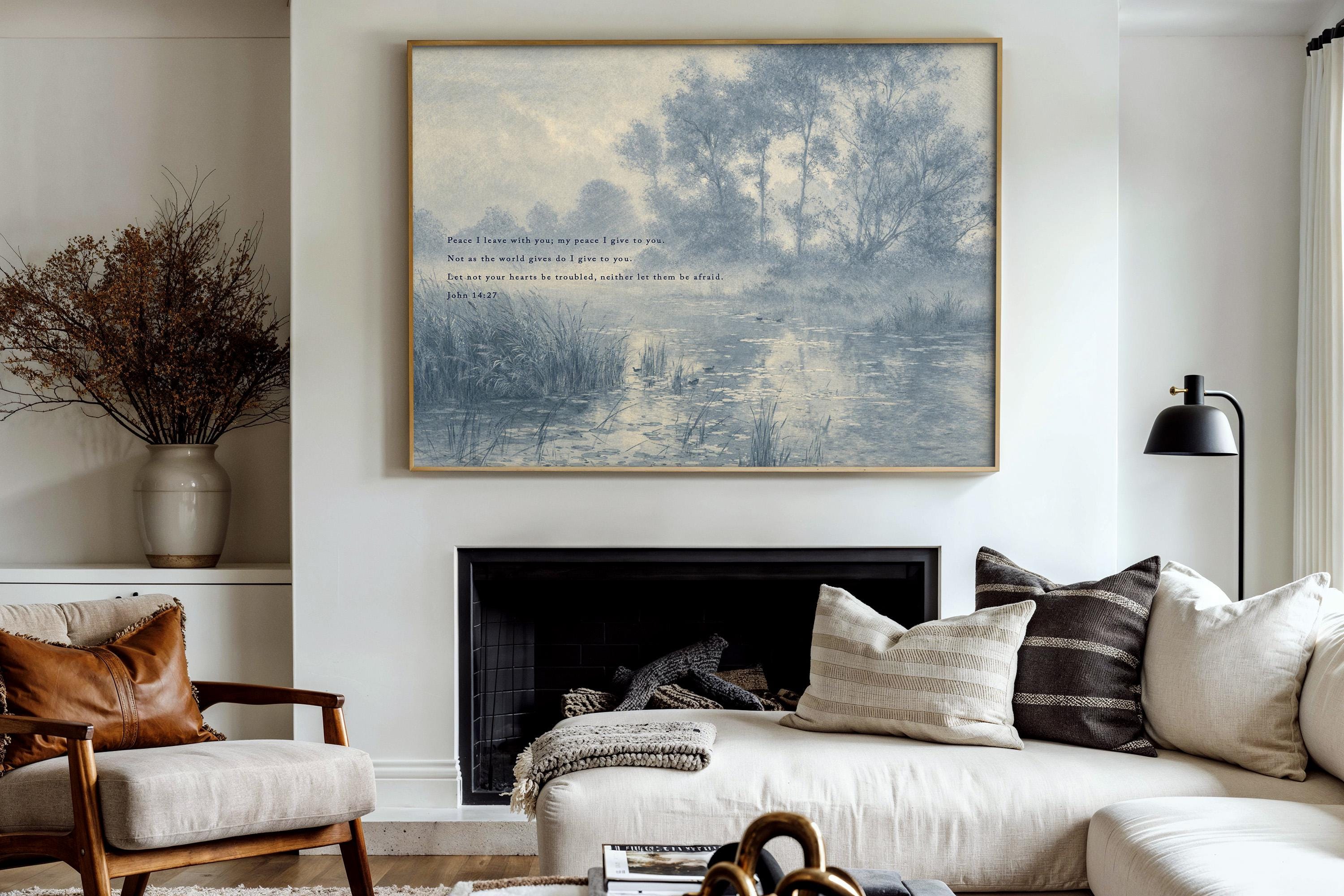 John 14:27 Bible Verse Wall Art, Peace I Leave with You Scripture Print, Blue Vintage Landscape Christian Home Decor, Neutral Faith Art