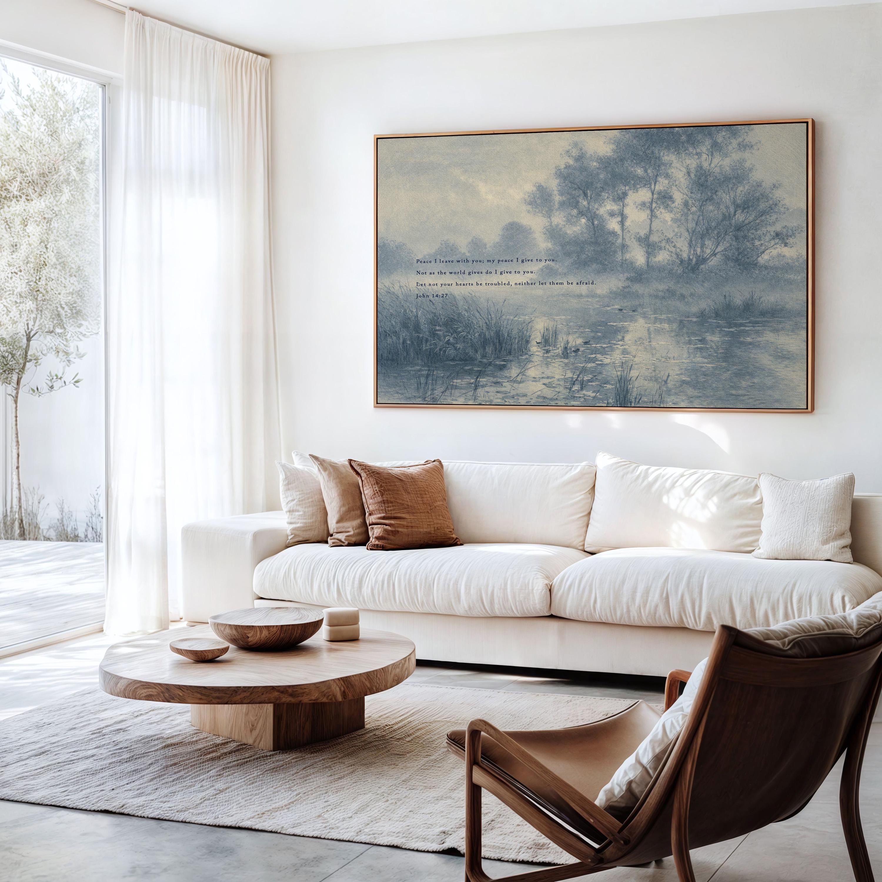 John 14:27 Bible Verse Wall Art, Peace I Leave with You Scripture Print, Blue Vintage Landscape Christian Home Decor, Neutral Faith Art