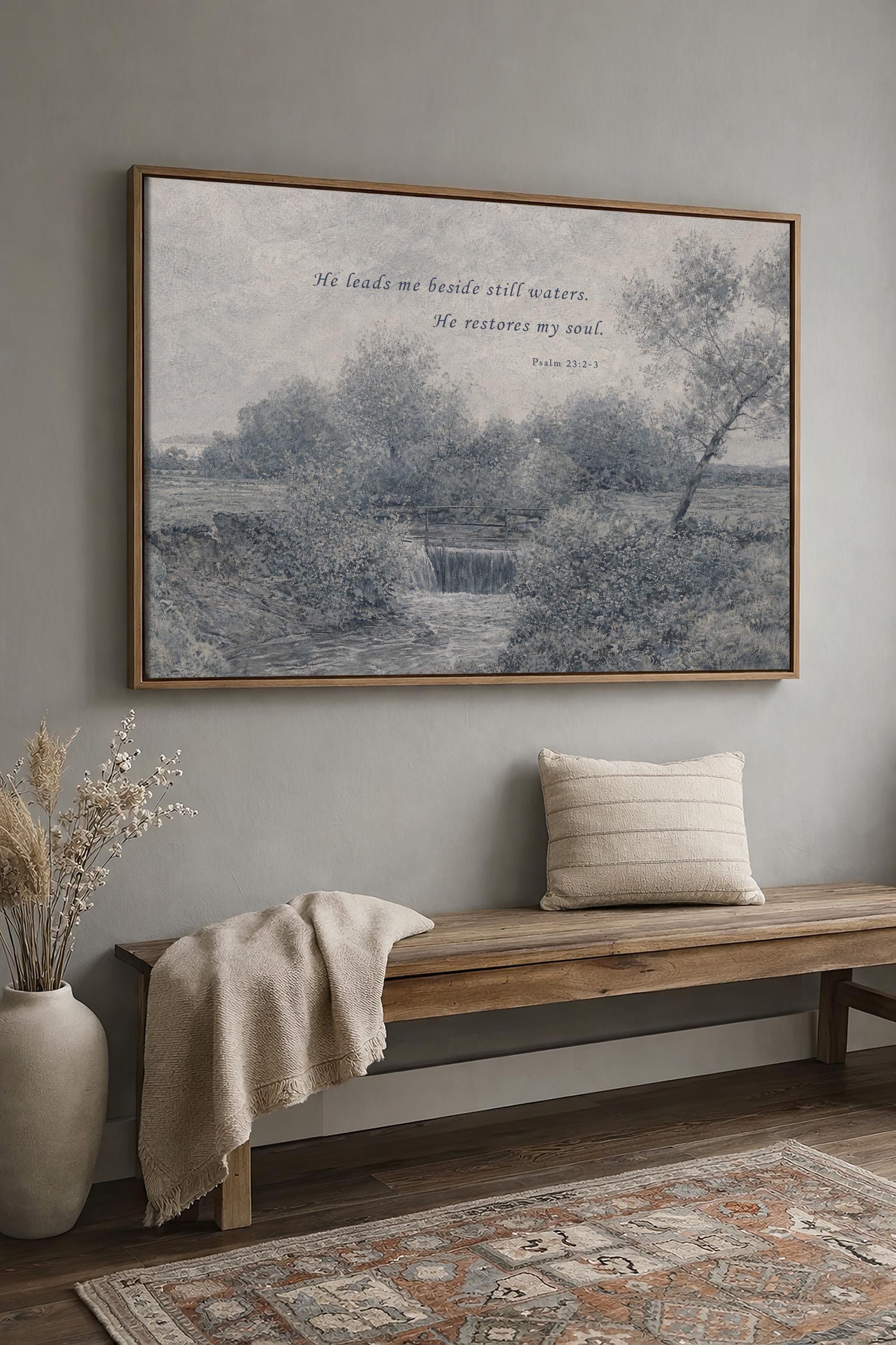 Psalm 23:2-3 Wall Art, He Leads Me Beside Still Waters Print, Blue Vintage Christian Landscape, Neutral Faith Nursery Decor
