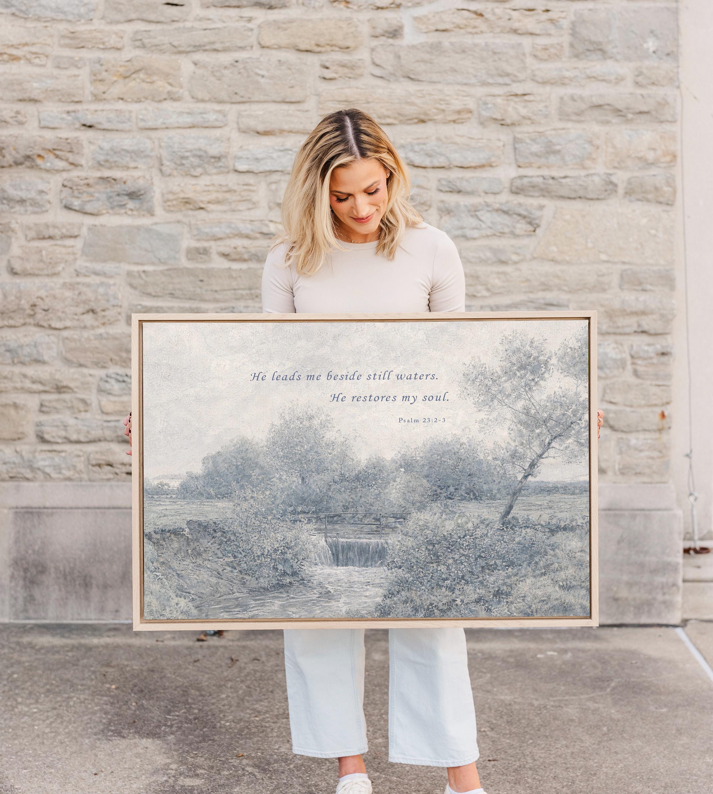 Psalm 23:2-3 Wall Art, He Leads Me Beside Still Waters Print, Blue Vintage Christian Landscape, Neutral Faith Nursery Decor