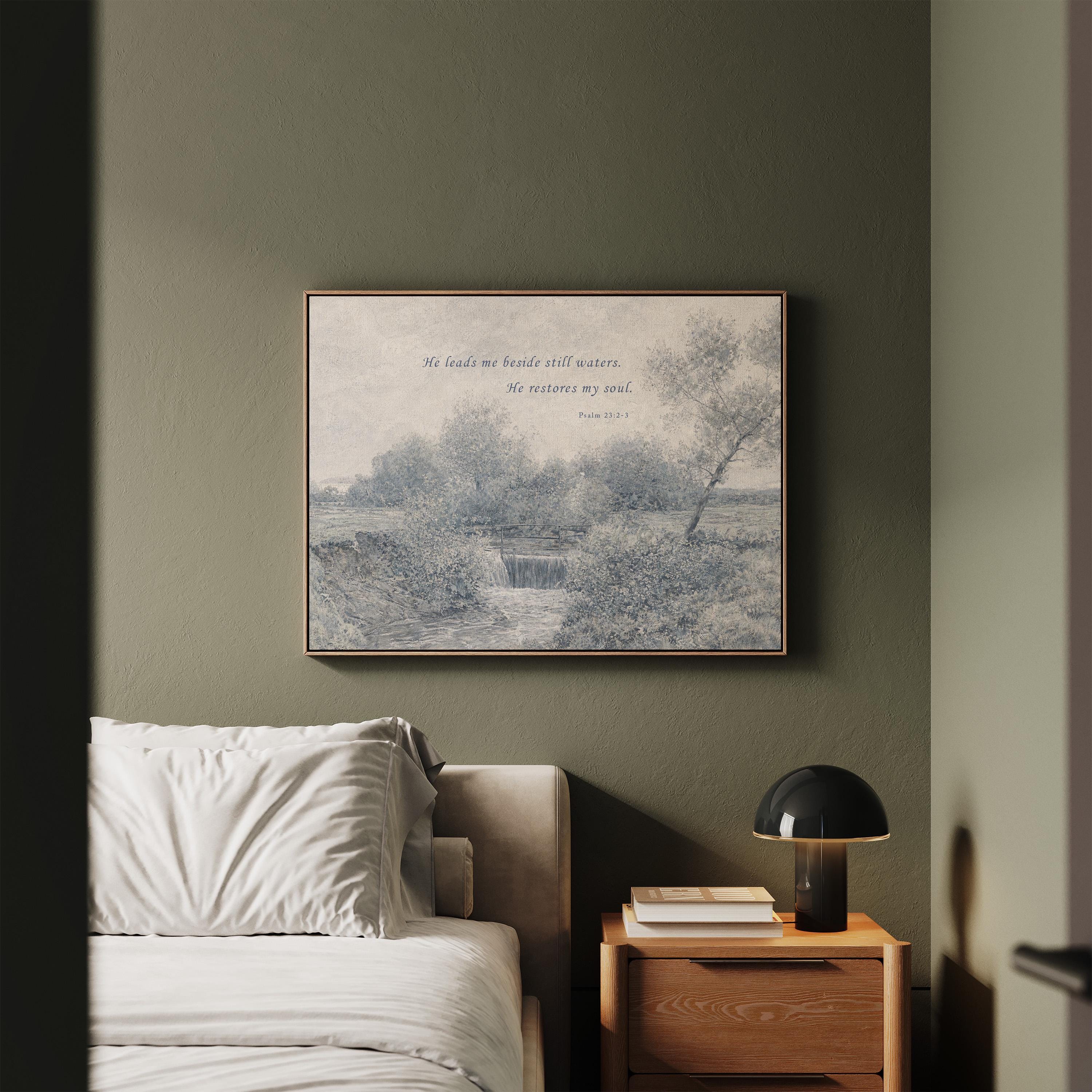 Psalm 23:2-3 Wall Art, He Leads Me Beside Still Waters Print, Blue Vintage Christian Landscape, Neutral Faith Nursery Decor