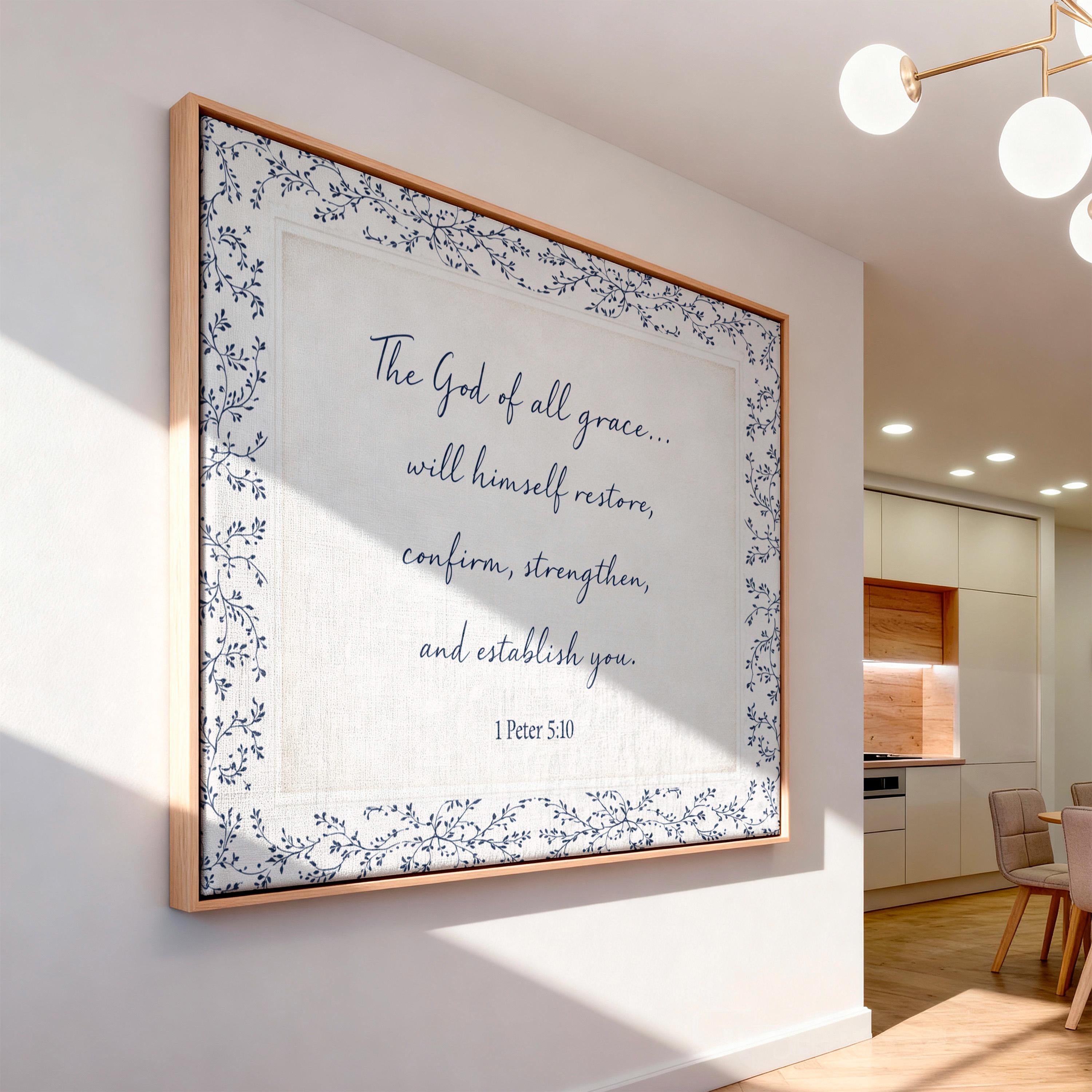 1 Peter 5:10 Wall Art, The God of All Grace Scripture Print, Navy Blue Christian Wall Decor, Elegant Faith Home Artwork