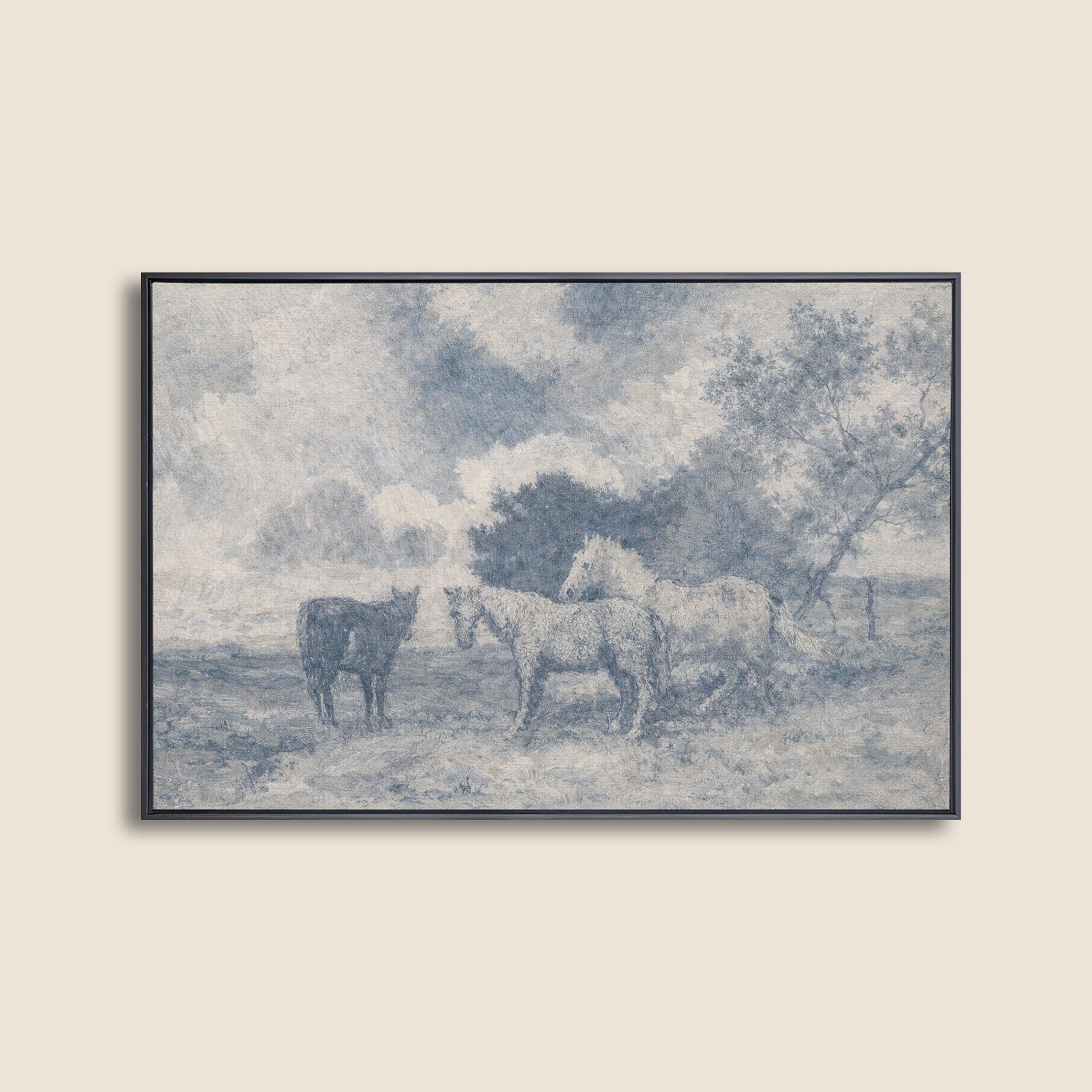 Blue Vintage Horse Wall Art – Neutral Equestrian Landscape Print – French Country Farmhouse Decor – Moody European Pastoral Artwork