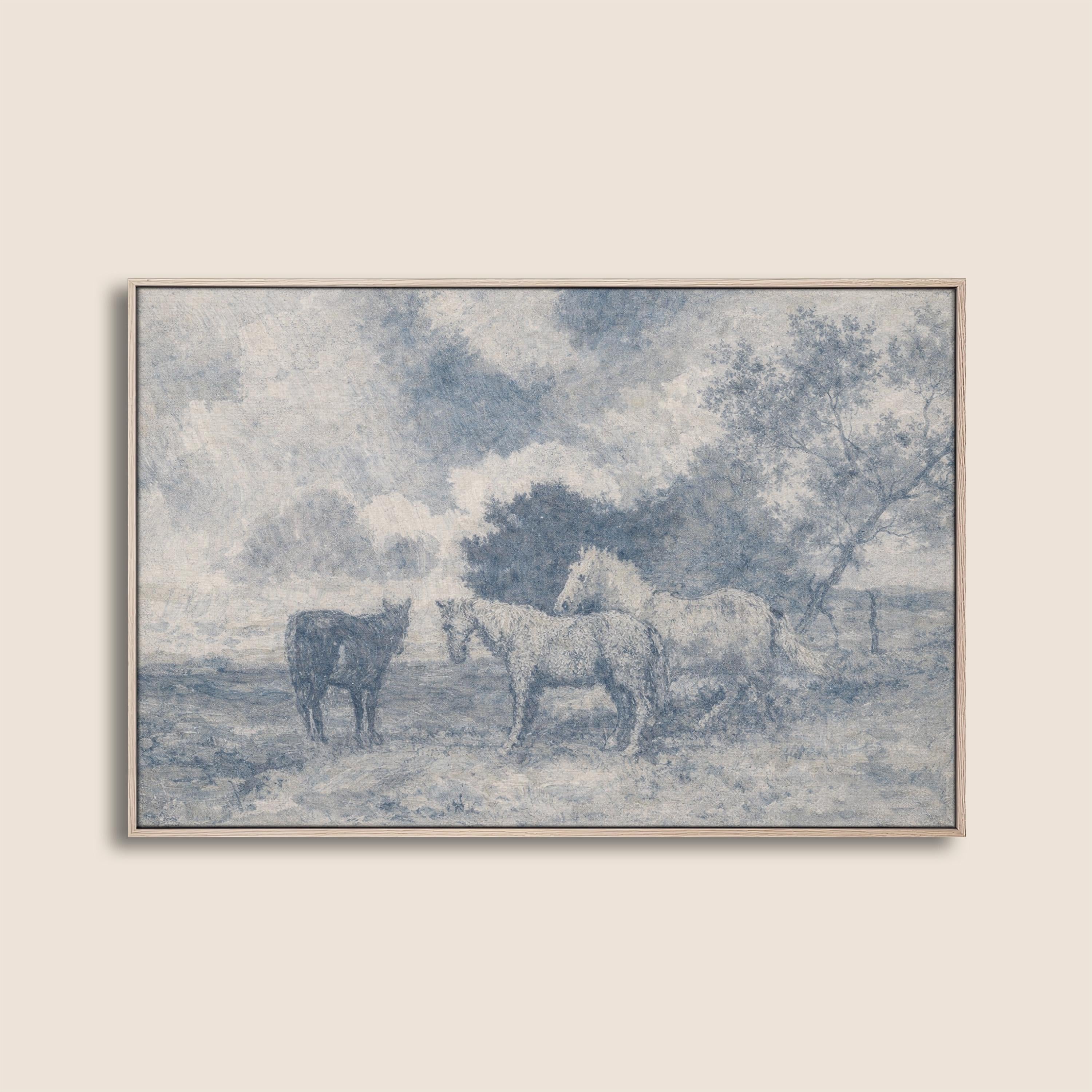 Blue Vintage Horse Wall Art – Neutral Equestrian Landscape Print – French Country Farmhouse Decor – Moody European Pastoral Artwork