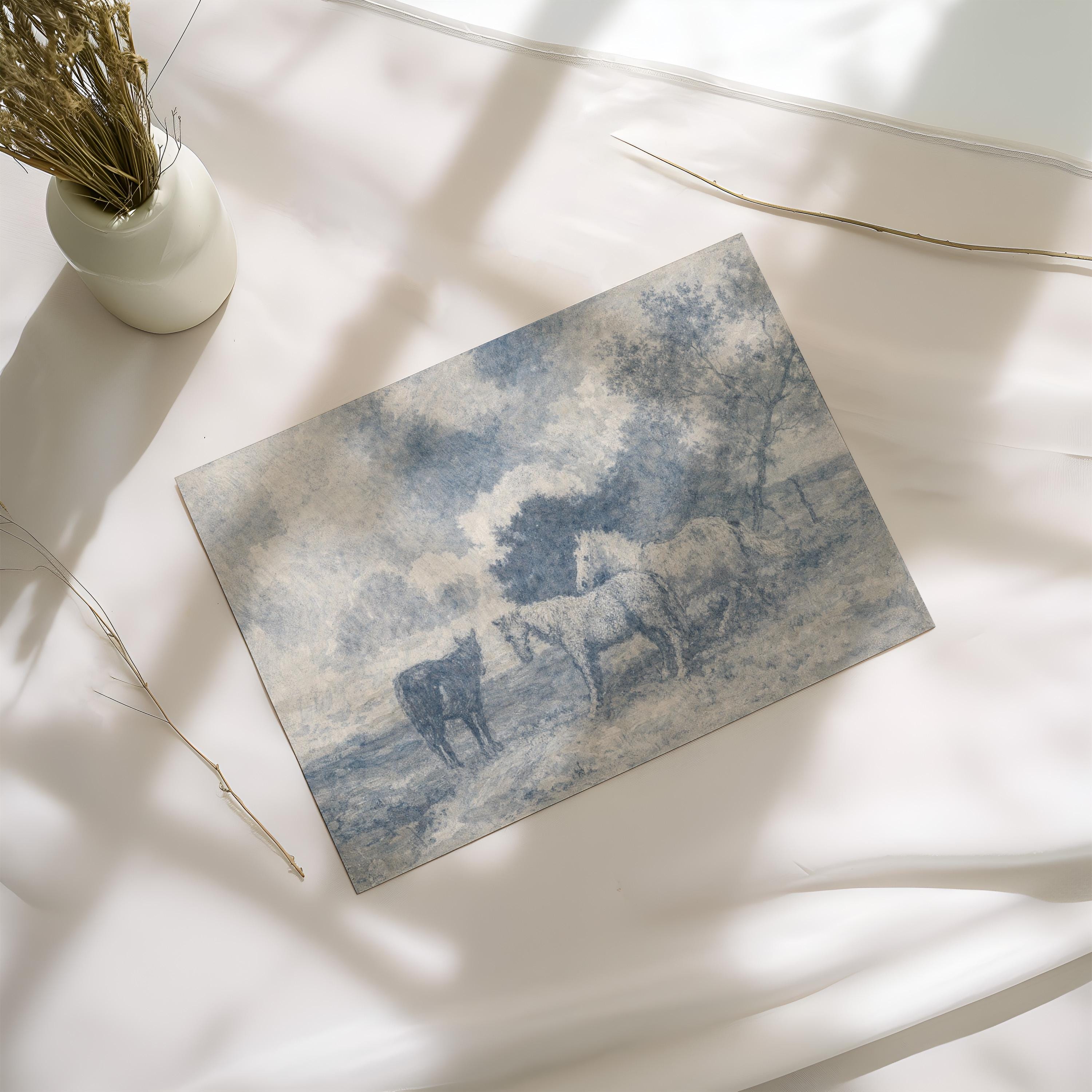 Blue Vintage Horse Wall Art – Neutral Equestrian Landscape Print – French Country Farmhouse Decor – Moody European Pastoral Artwork