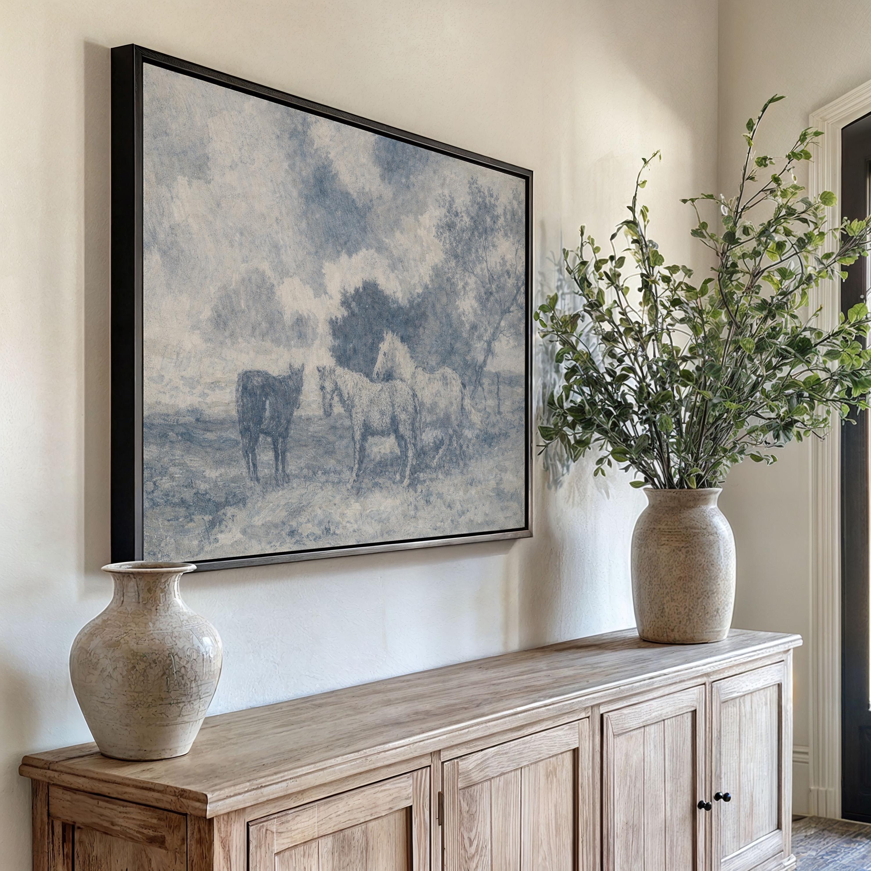 Blue Vintage Horse Wall Art – Neutral Equestrian Landscape Print – French Country Farmhouse Decor – Moody European Pastoral Artwork