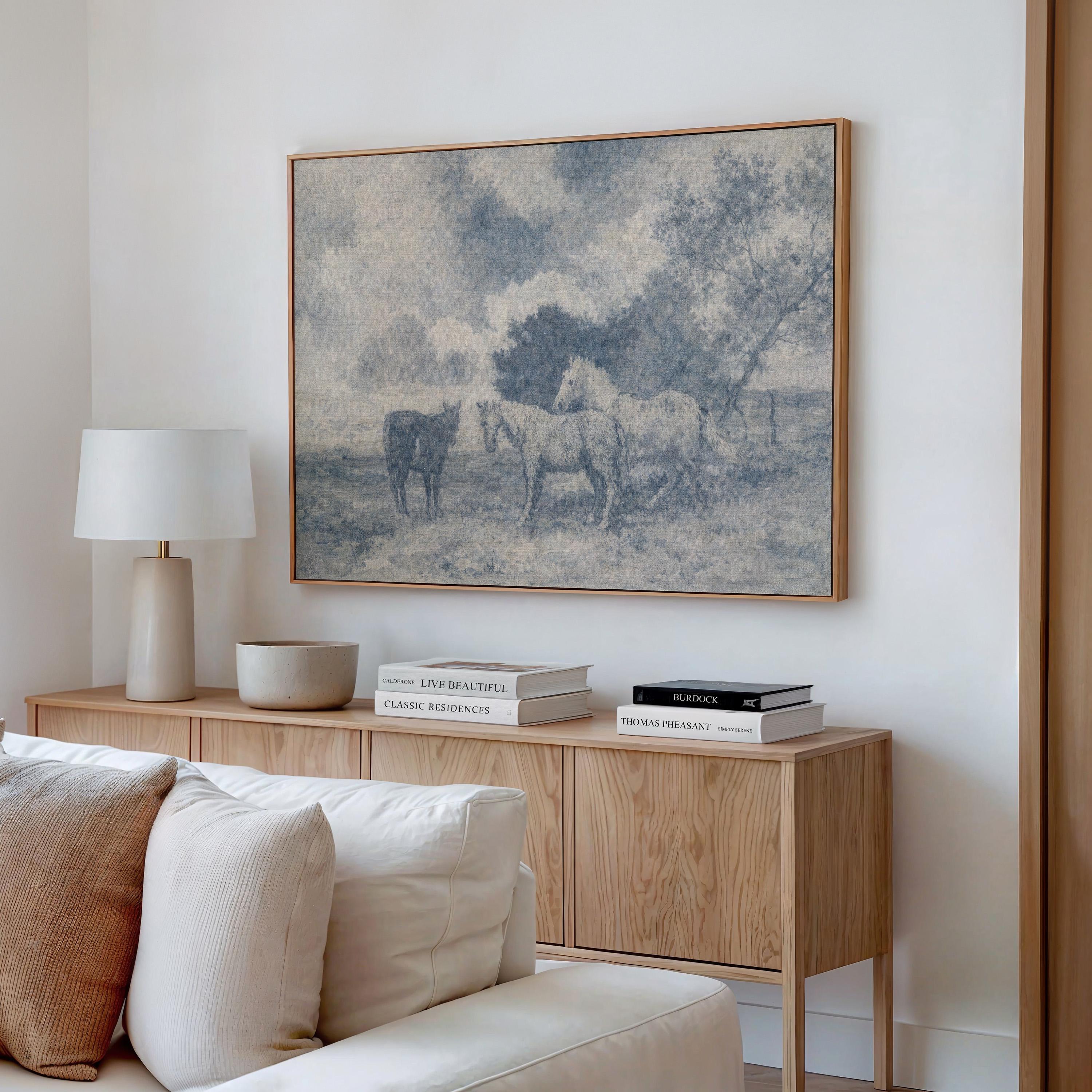 Blue Vintage Horse Wall Art – Neutral Equestrian Landscape Print – French Country Farmhouse Decor – Moody European Pastoral Artwork