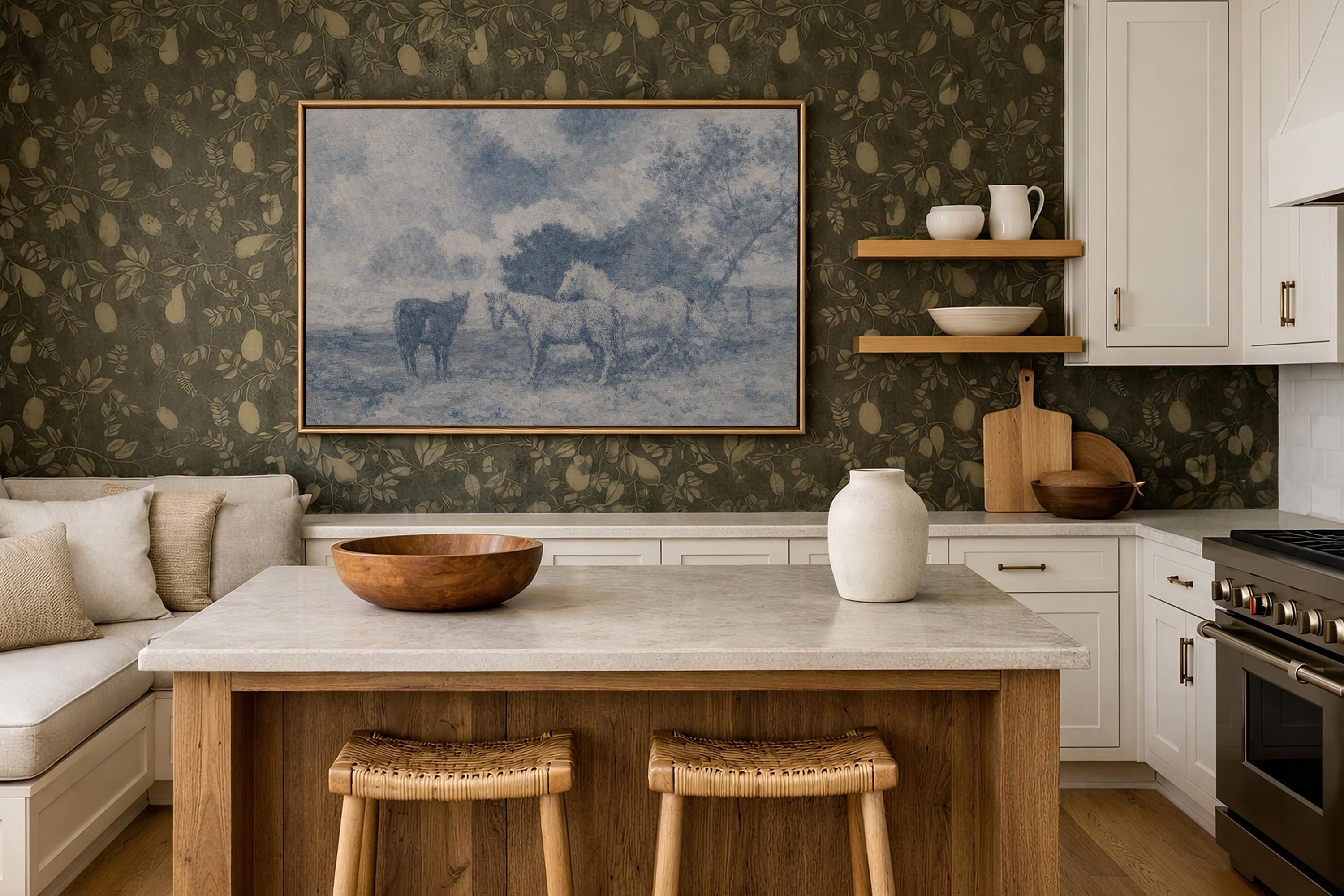 Blue Vintage Horse Wall Art – Neutral Equestrian Landscape Print – French Country Farmhouse Decor – Moody European Pastoral Artwork