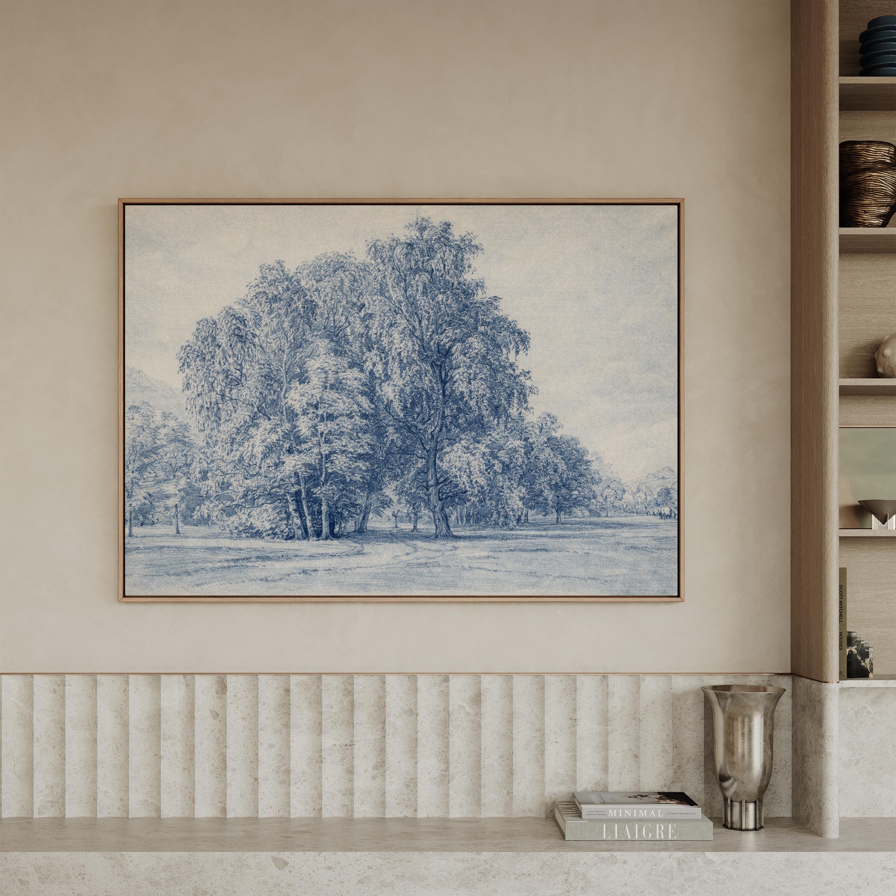 Blue Vintage Landscape Wall Art – Neutral French Country Tree Print – Moody Farmhouse Wall Decor – Classic European Pastoral Artwork