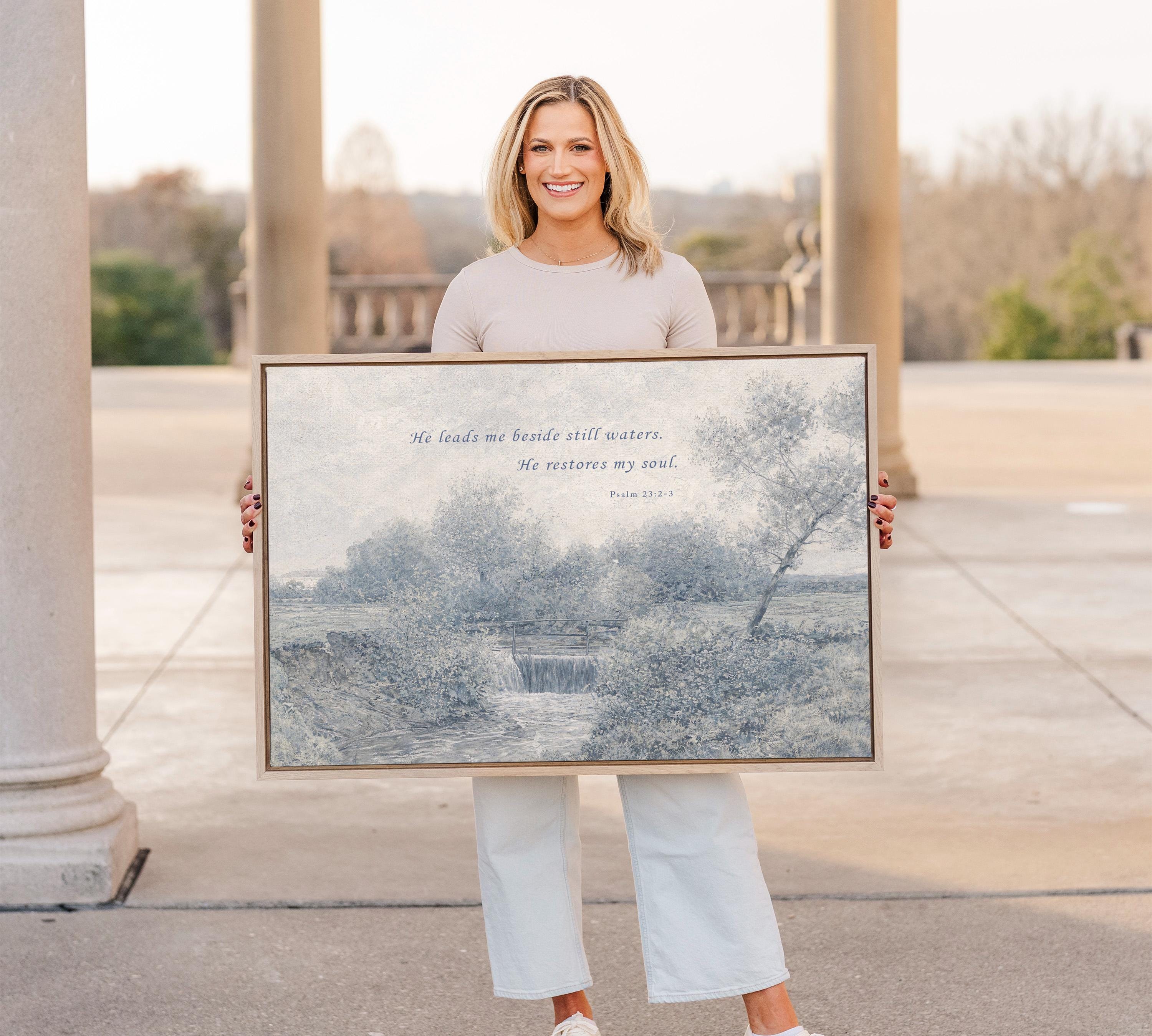 Psalm 23:2-3 Wall Art, He Leads Me Beside Still Waters Print, Blue Vintage Christian Landscape, Neutral Faith Nursery Decor