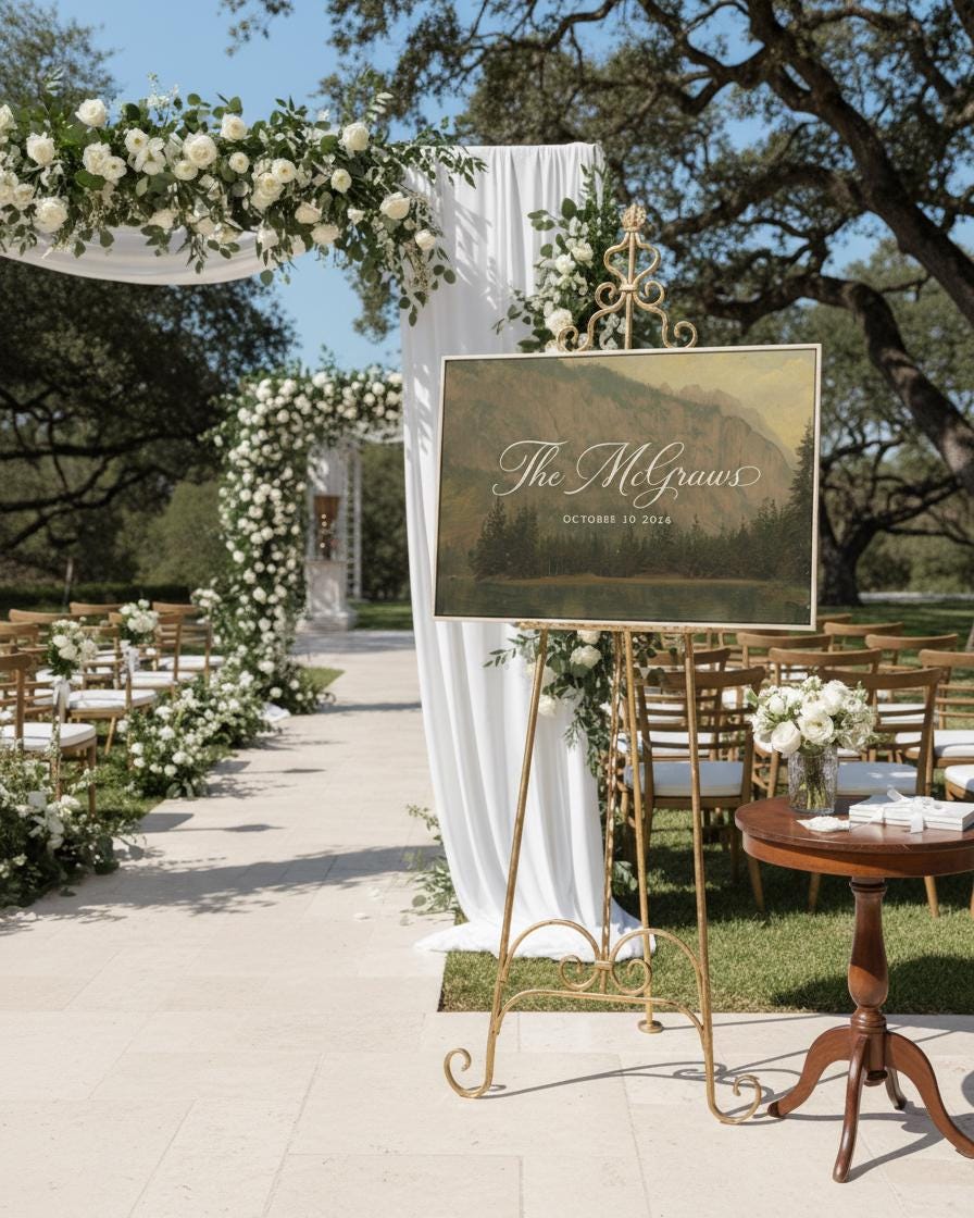 May include: An outdoor wedding ceremony setup with a sign that reads "The McGraws October 10 2014". The sign is on a gold easel, surrounded by white flowers and greenery. White chairs line the aisle, leading to a floral arch.