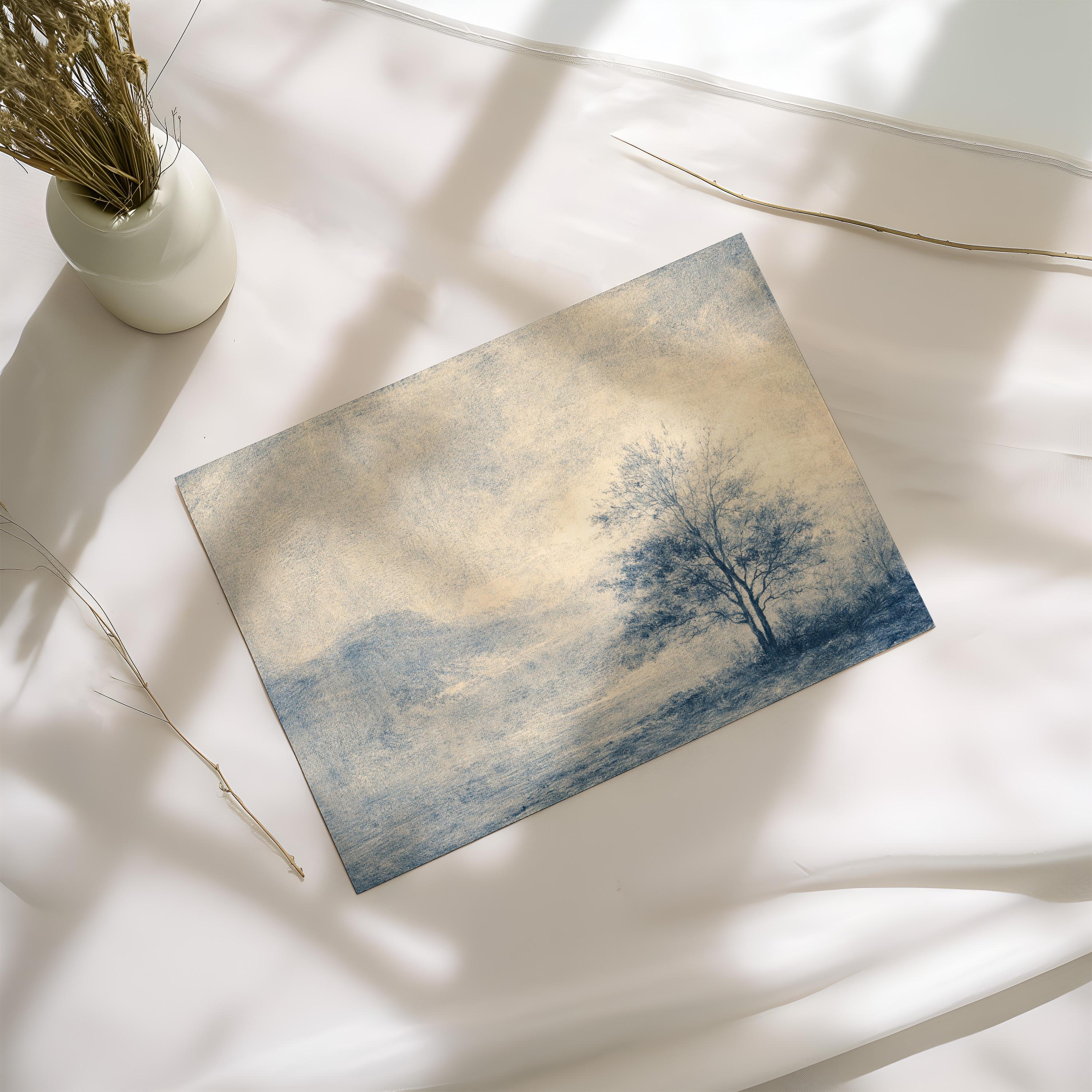 Blue Landscape Wall Art, Minimalist Tree Print, Neutral Living Room Decor, FG436