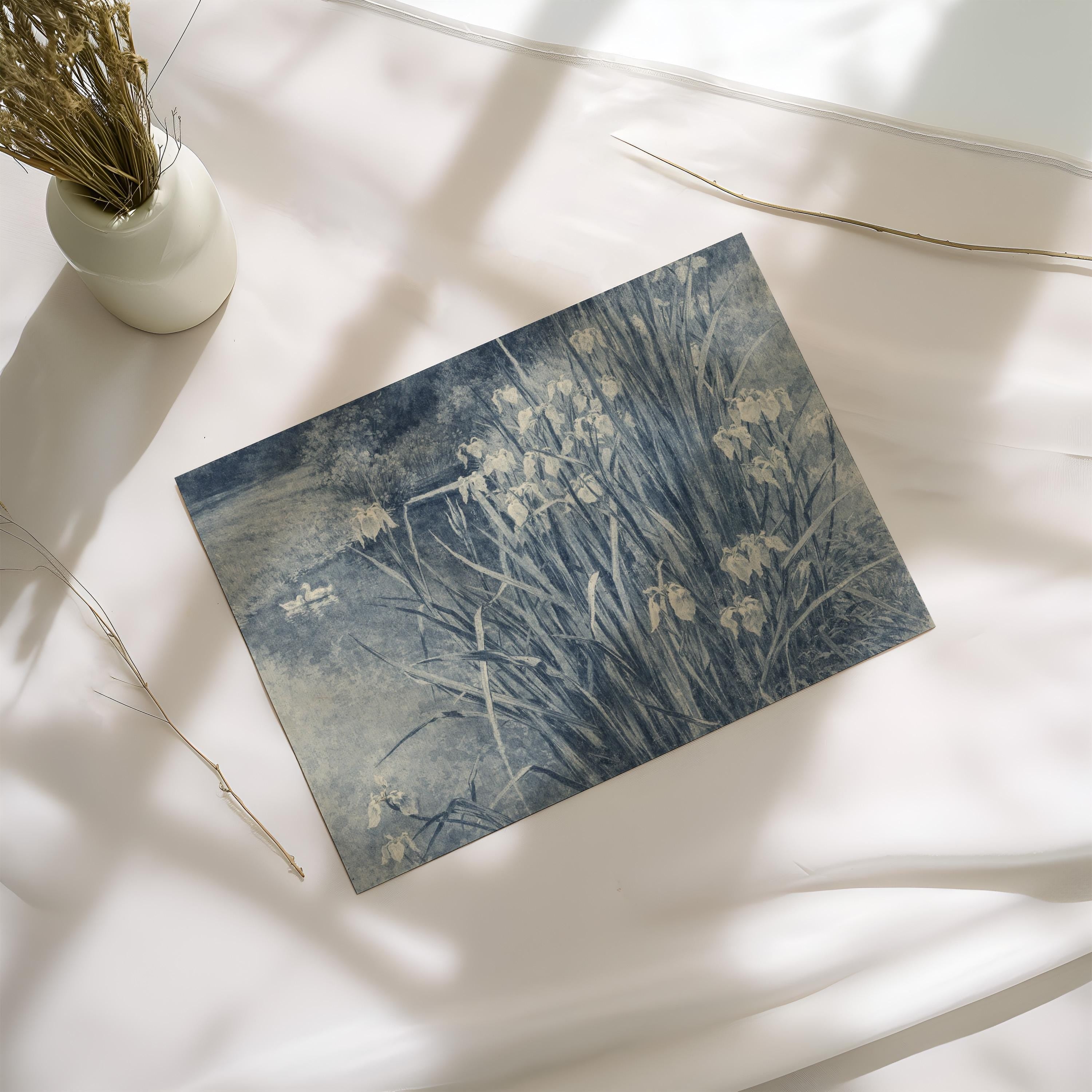 Blue Iris Pond Wall Art Print – Vintage Swan Landscape Artwork – French Country Cottage Decor – Moody Blue Nature Painting – FG443