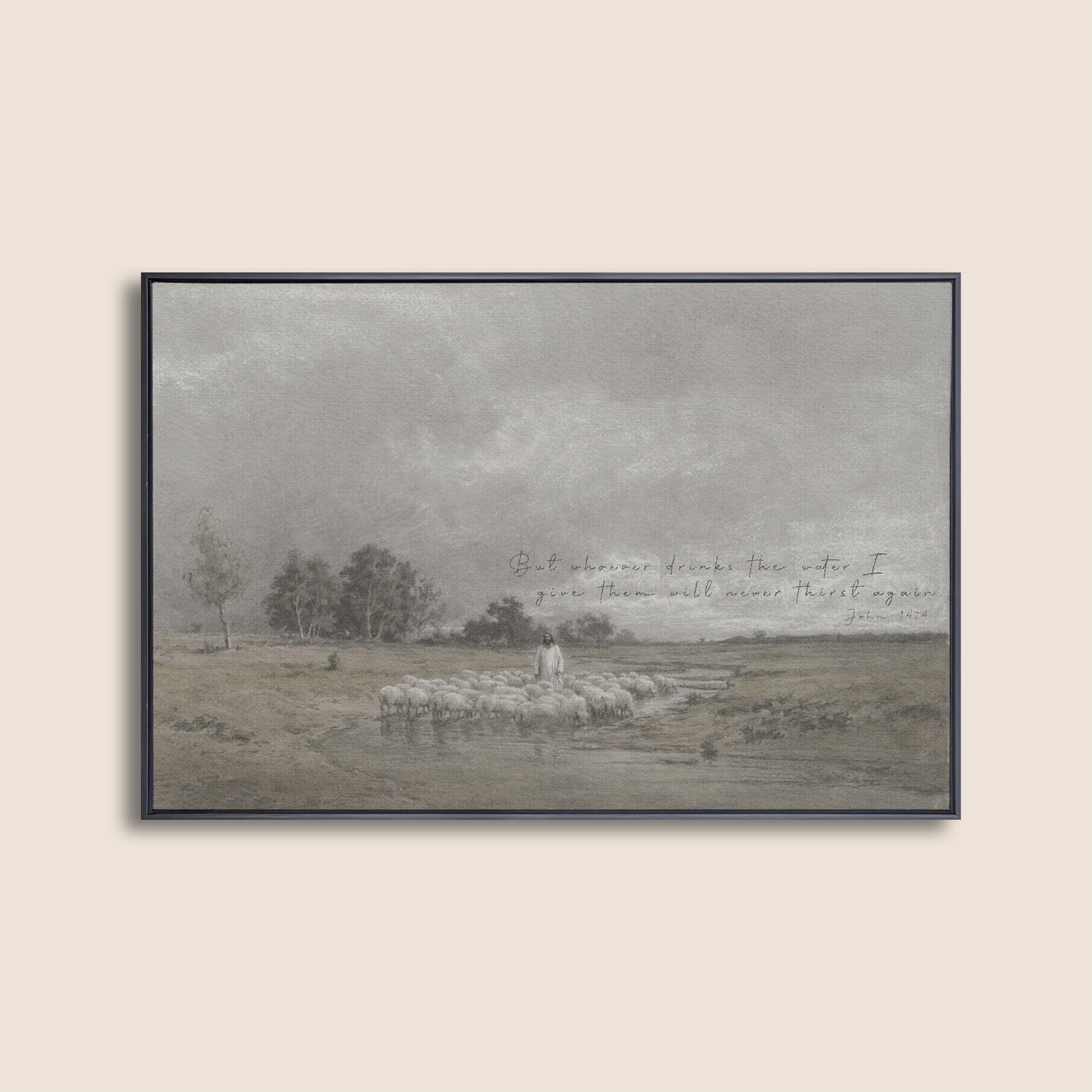 Jesus the Good Shepherd Wall Art, Scripture Landscape, Christian Faith Painting with Sheep, Living Water Bible Verse Art
