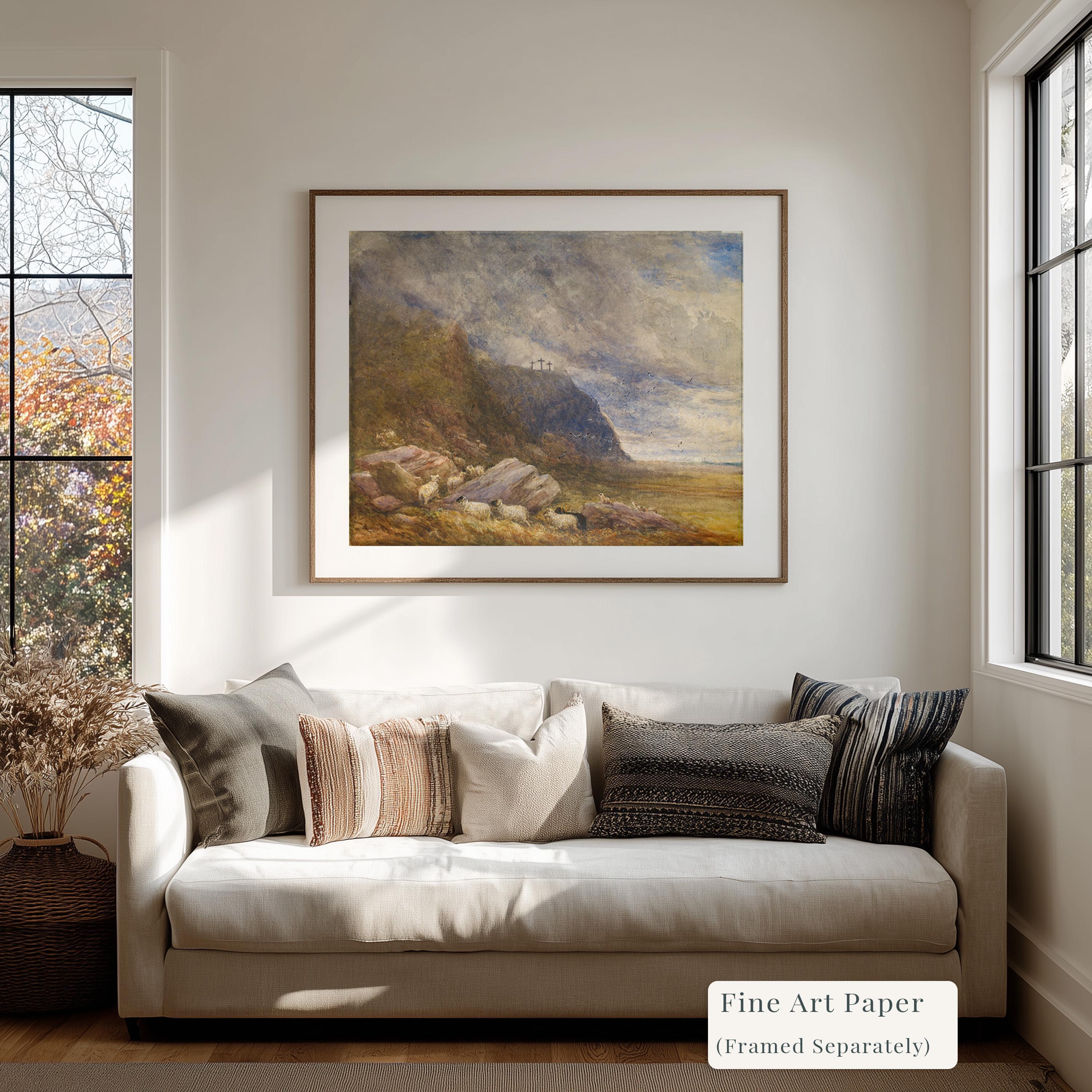 Calvary Landscape Christian Wall Art, Three Crosses Biblical Painting, Faith Based Landscape Artwork, Subtle Christian Home Decor