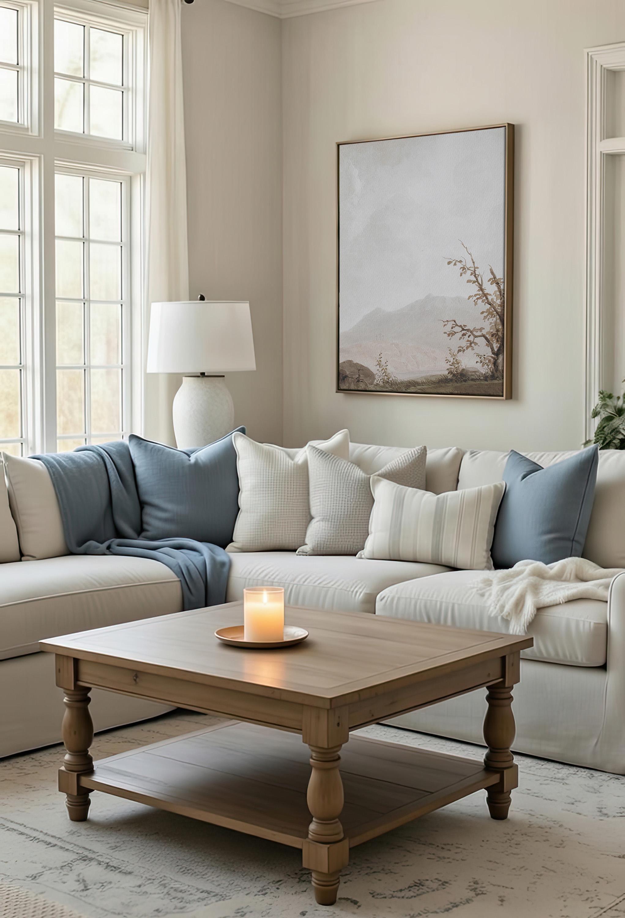 Calvary Landscape Wall Art, Faith Inspired Mountain Scene with Three Crosses, Neutral Christian Artwork, Subtle Biblical Home Decor
