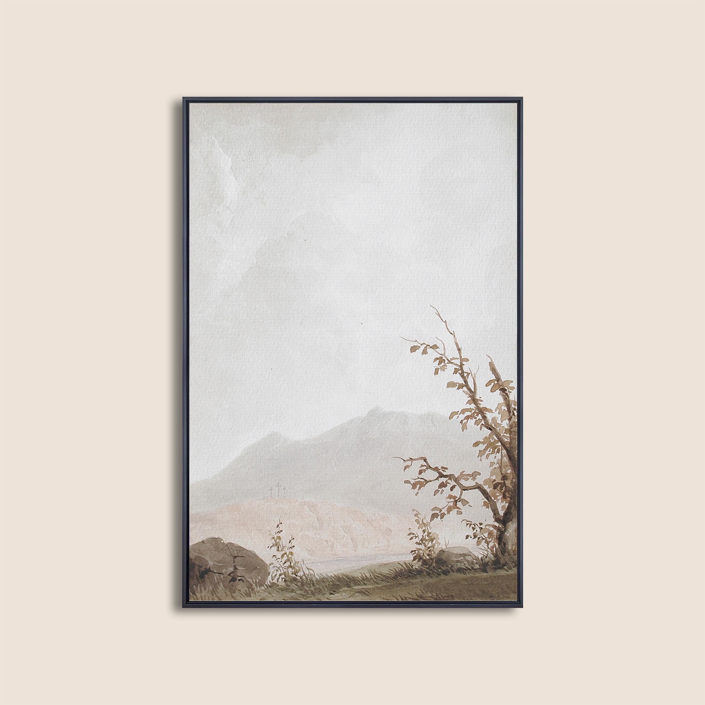 Calvary Landscape Wall Art, Faith Inspired Mountain Scene with Three Crosses, Neutral Christian Artwork, Subtle Biblical Home Decor