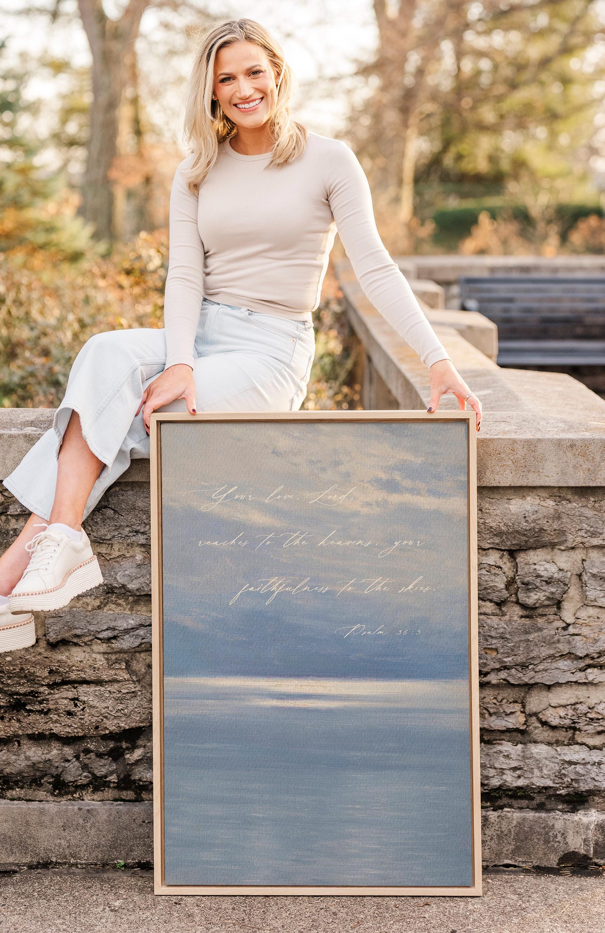 Psalm 36:5 Christian Wall Art | Your Love Reaches to the Heavens Print | Blue Coastal Scripture Decor | Neutral Faith Wall Art