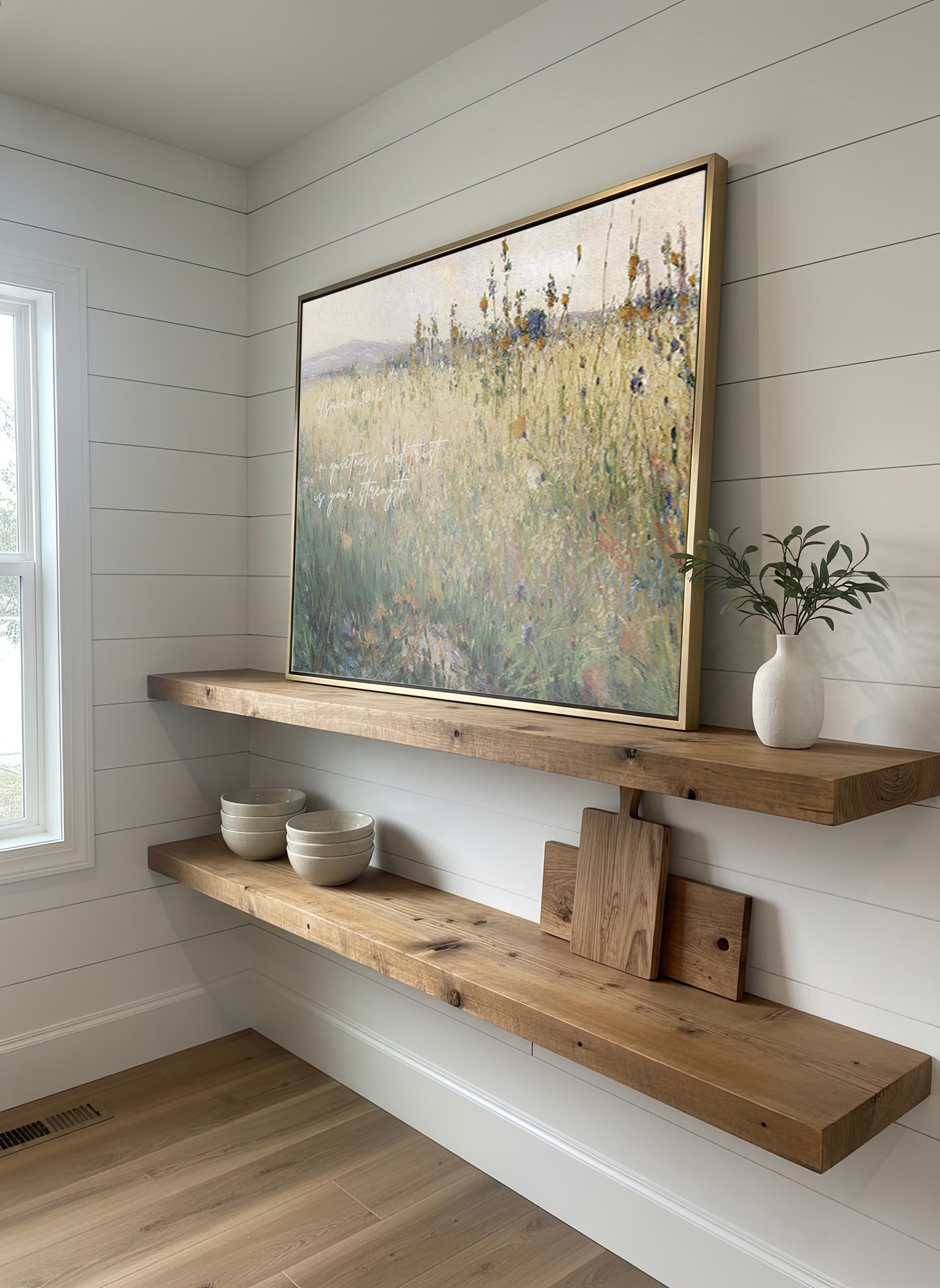 Wildflower Field Christian Wall Art Isaiah 30:15, In Quietness and Trust Is Your Strength, Vintage Floral Landscape Print