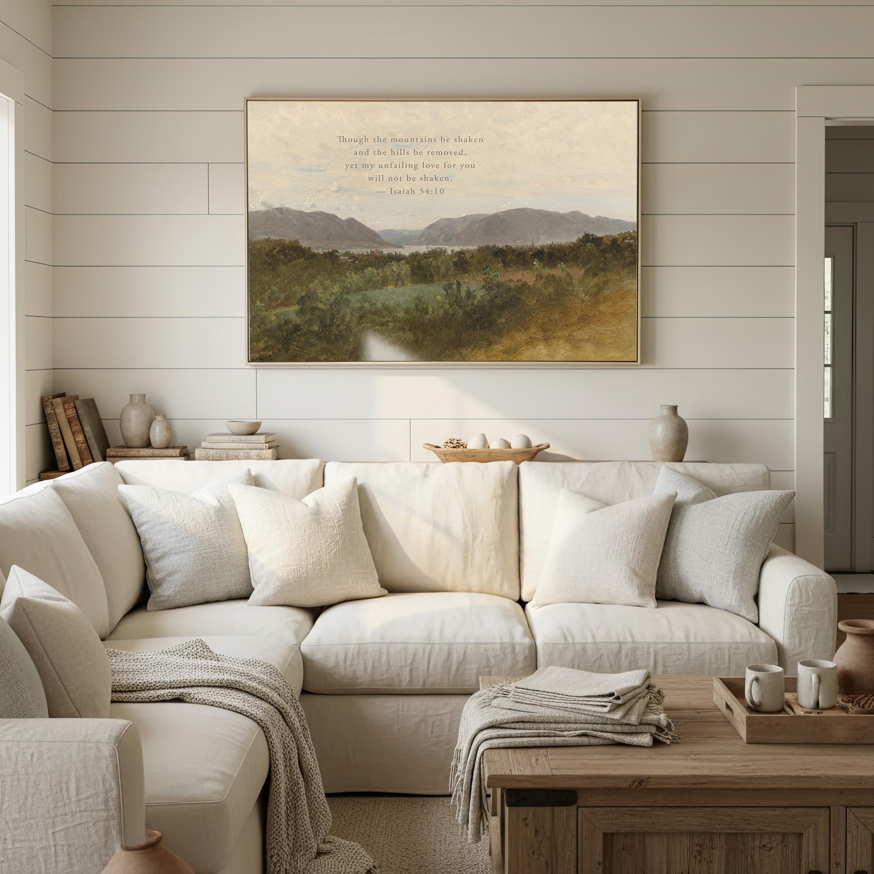 Isaiah 54:10 Wall Art | Though the Mountains Be Shaken Christian Landscape Canvas | Neutral Farmhouse Scripture Decor