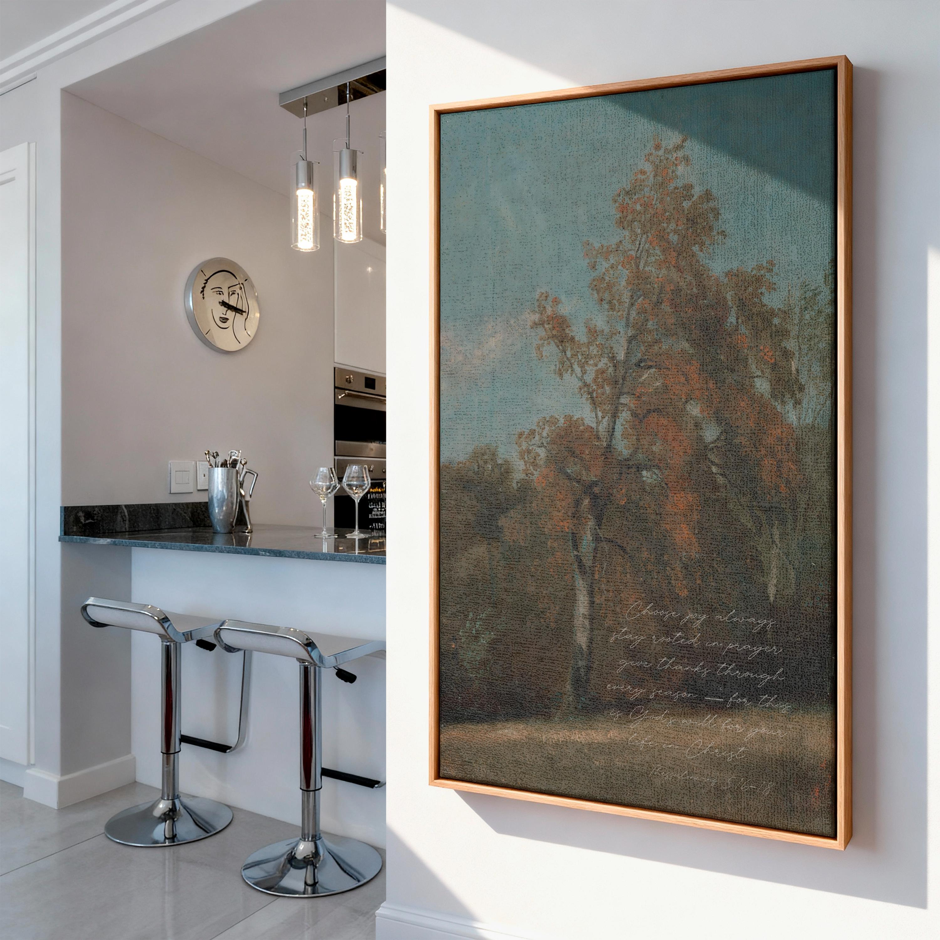 Give Thanks in Every Season Wall Art, 1 Thessalonians 5:16–18 Scripture Print, Autumn Tree Christian Artwork, Faith Inspired Home Decor