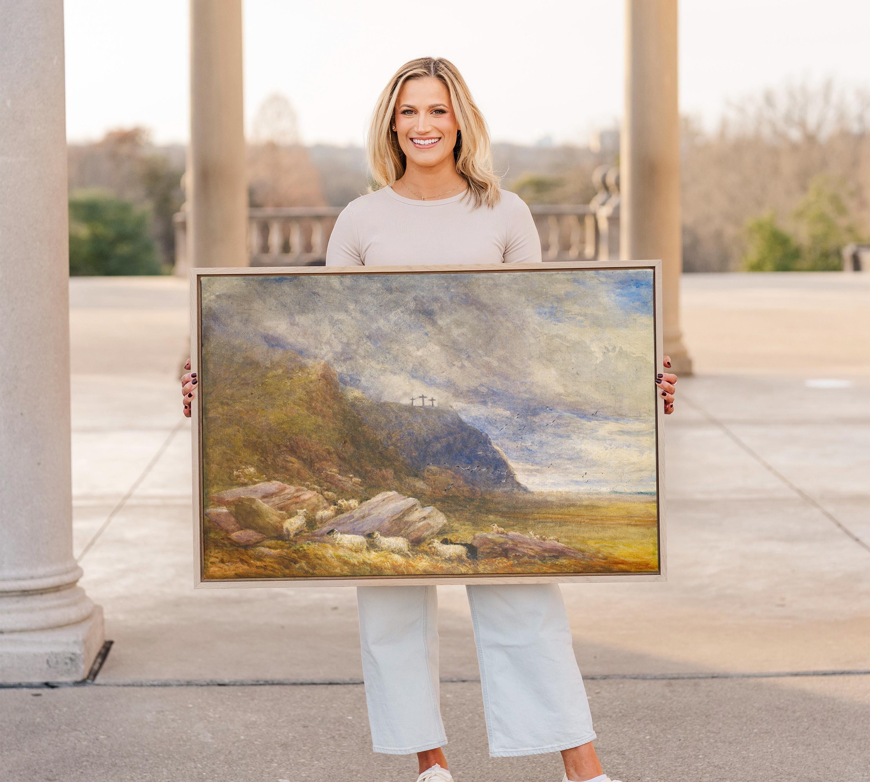 Calvary Landscape Christian Wall Art, Three Crosses Biblical Painting, Faith Based Landscape Artwork, Subtle Christian Home Decor