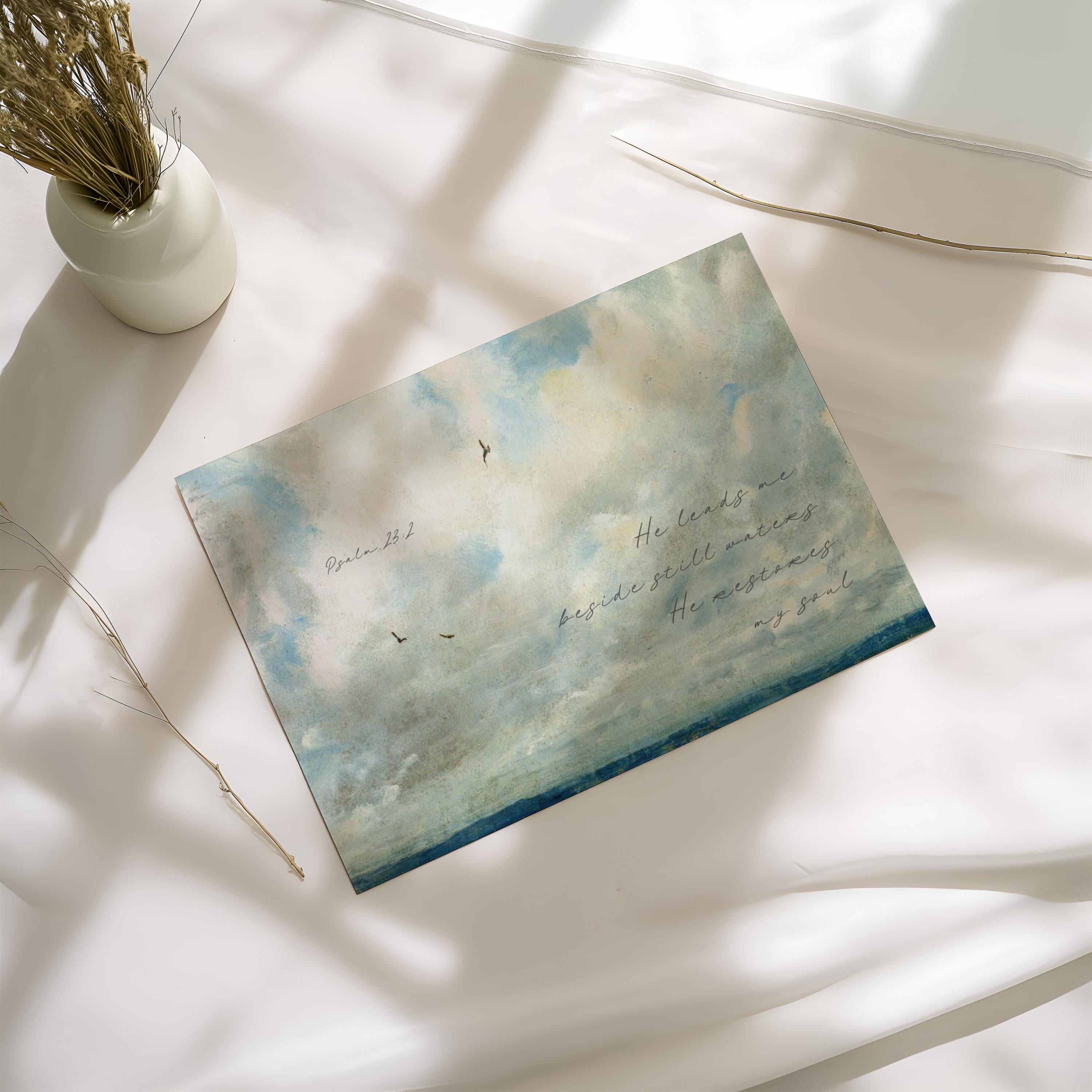 Coastal Christian Wall Art Psalm 23:2, He Leads Me Beside Still Waters, Neutral Blue Ocean Art, Faith Inspired Home Decor, FG429