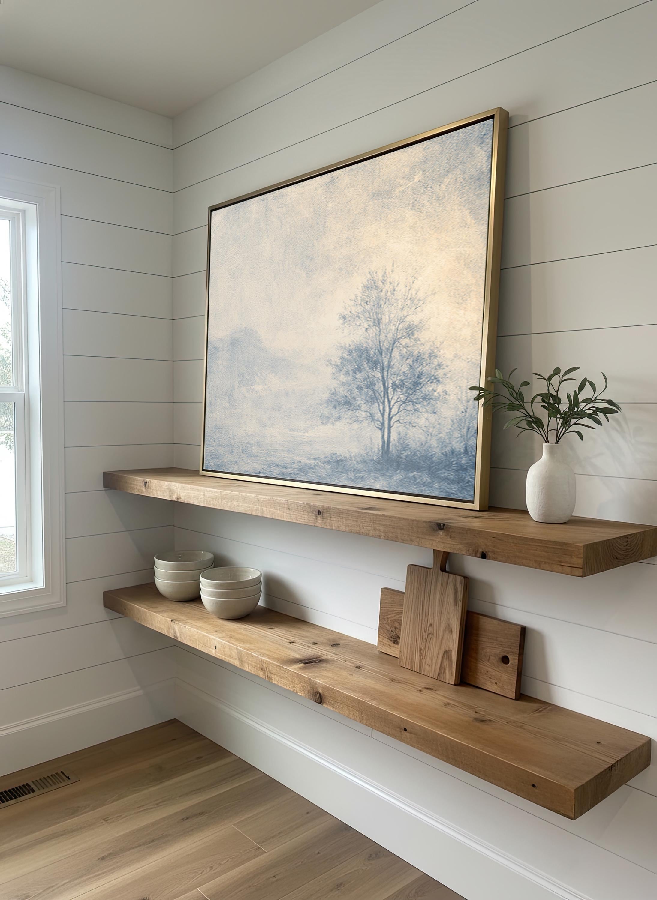 Blue Landscape Wall Art, Minimalist Tree Print, Neutral Living Room Decor, FG436