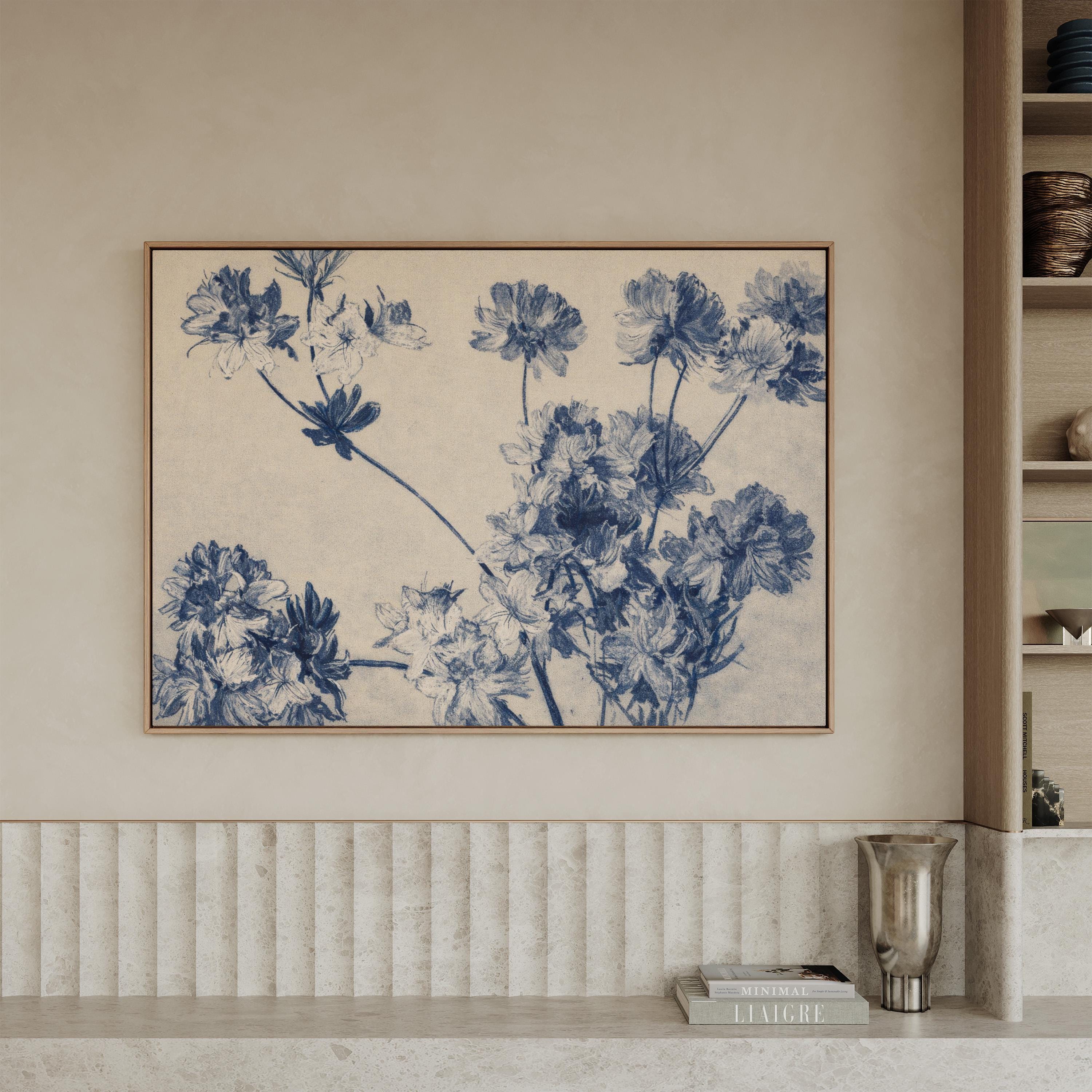 Vintage Flowers – French Country Cottage Decor – Blue Pastoral Landscape Art Antique Blue Botanical Wall Art Print