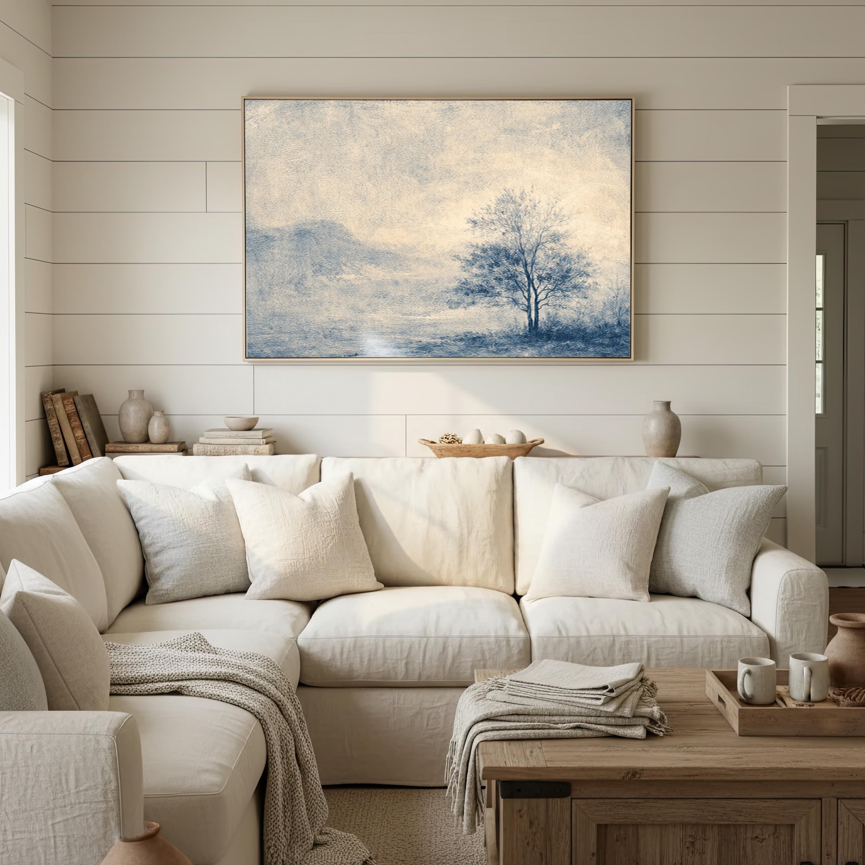Blue Landscape Wall Art, Minimalist Tree Print, Neutral Living Room Decor, FG436