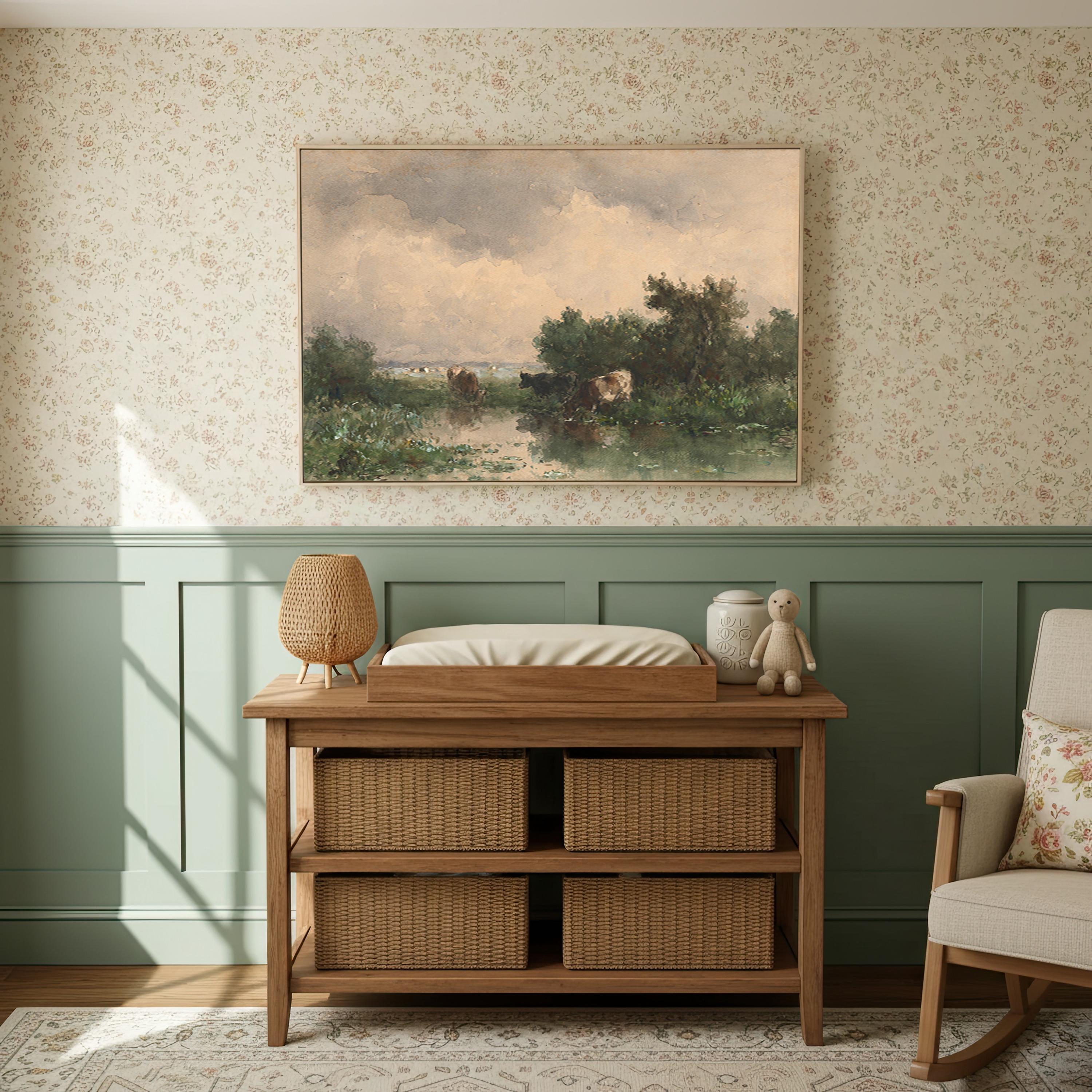 Vintage Pastoral Landscape Wall Art, Moody Countryside Cow Painting, Antique Farm Scene Art, Rustic Wall Decor, European Landscape Art