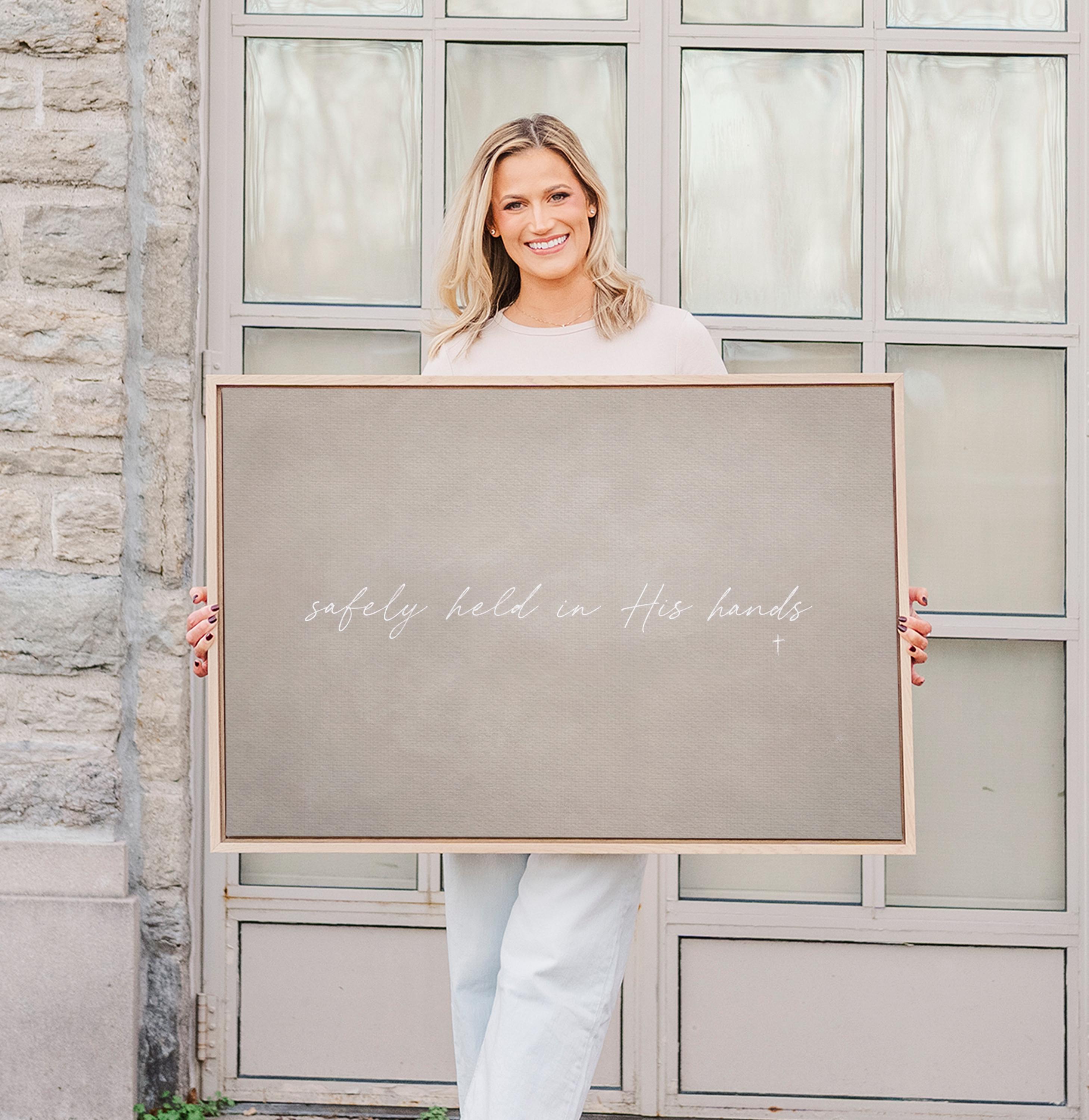 In His Hands Canvas | Safely Held in His Hands Framed Canvas Christian Wall Art | Faith Gift for Her | C0002