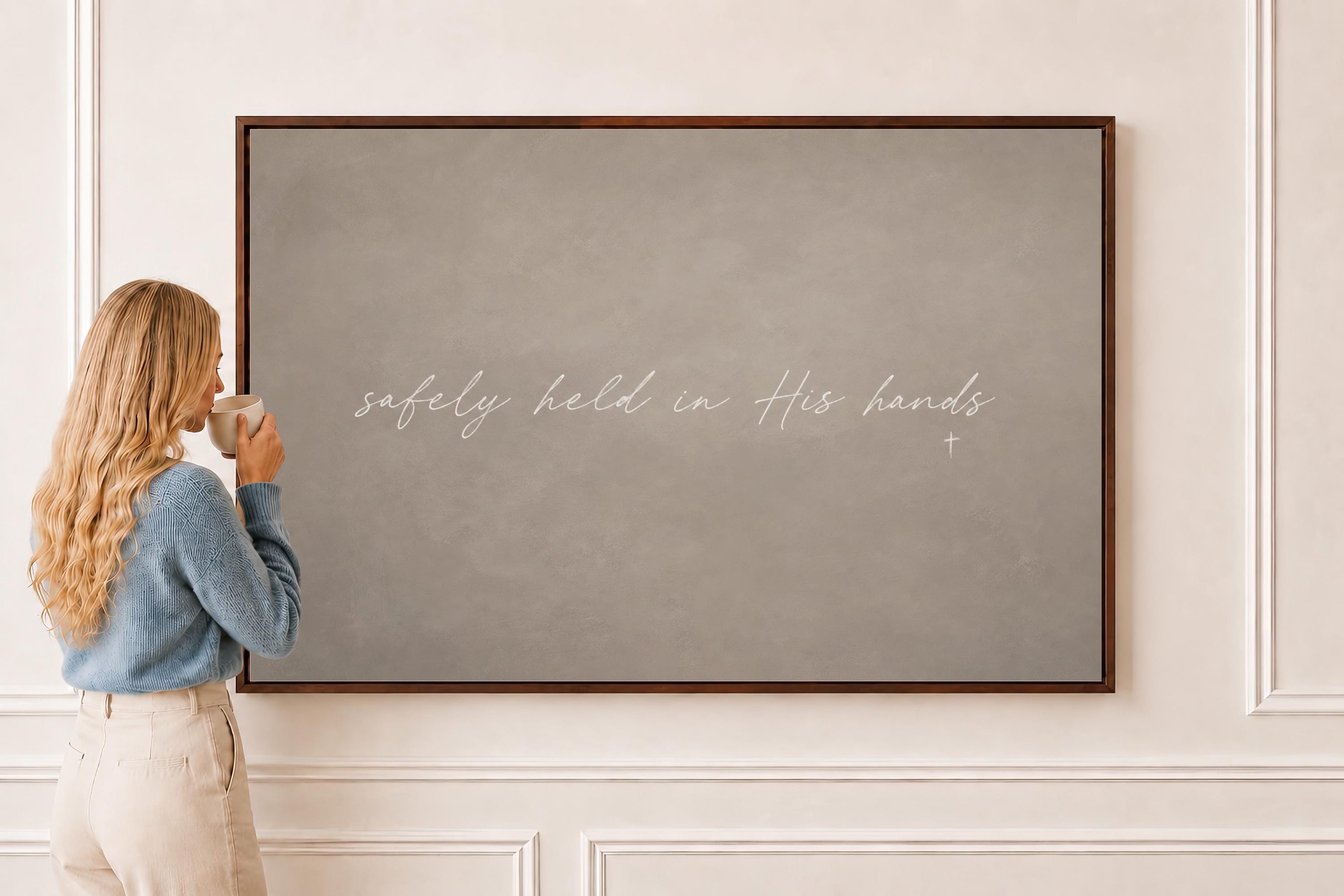 In His Hands Canvas | Safely Held in His Hands Framed Canvas Christian Wall Art | Faith Gift for Her | C0002