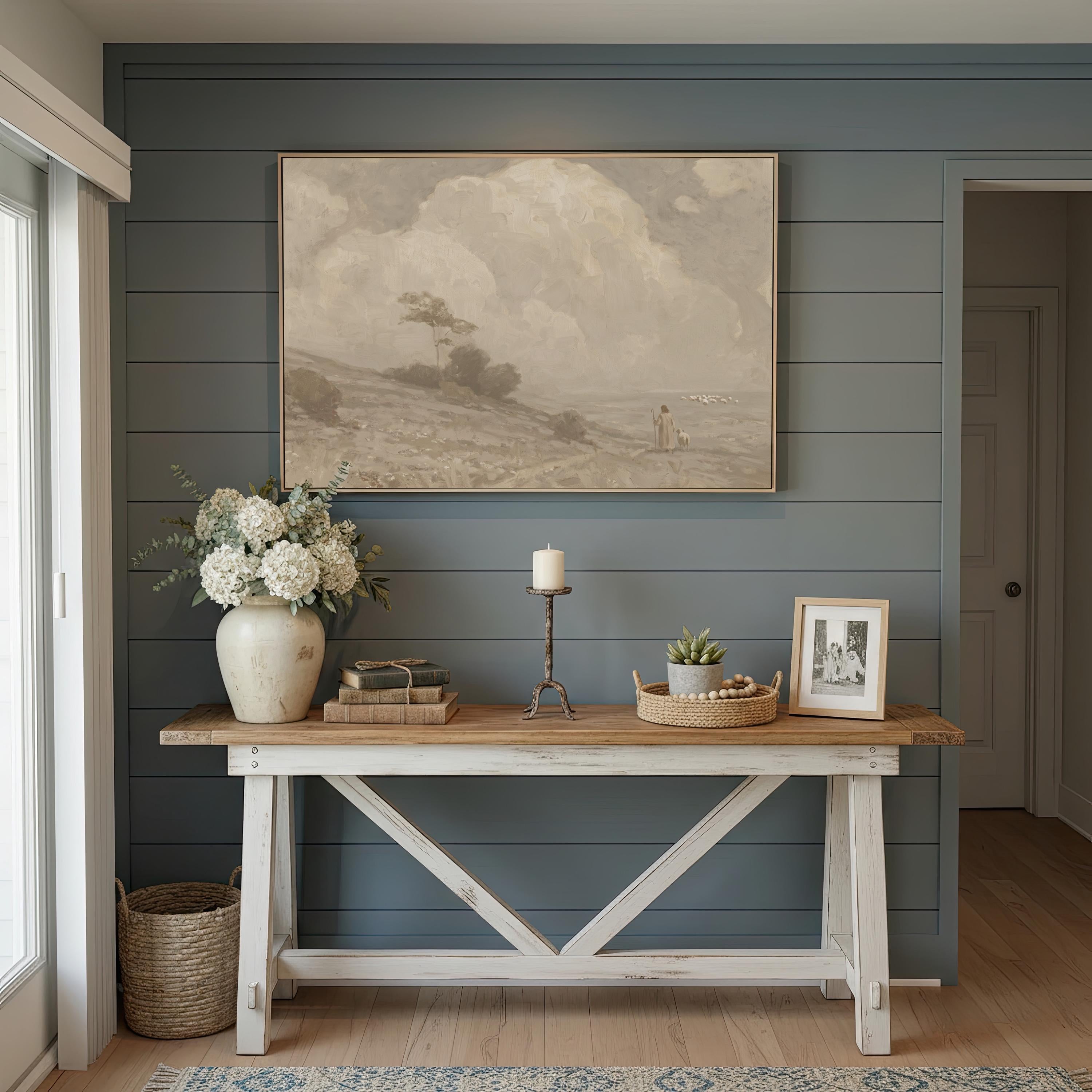 Farmhouse Faith Canvas | Cumulus Hillside Christian Wall Art Print | Neutral Christian Wall Art | Faith Gift | G0002