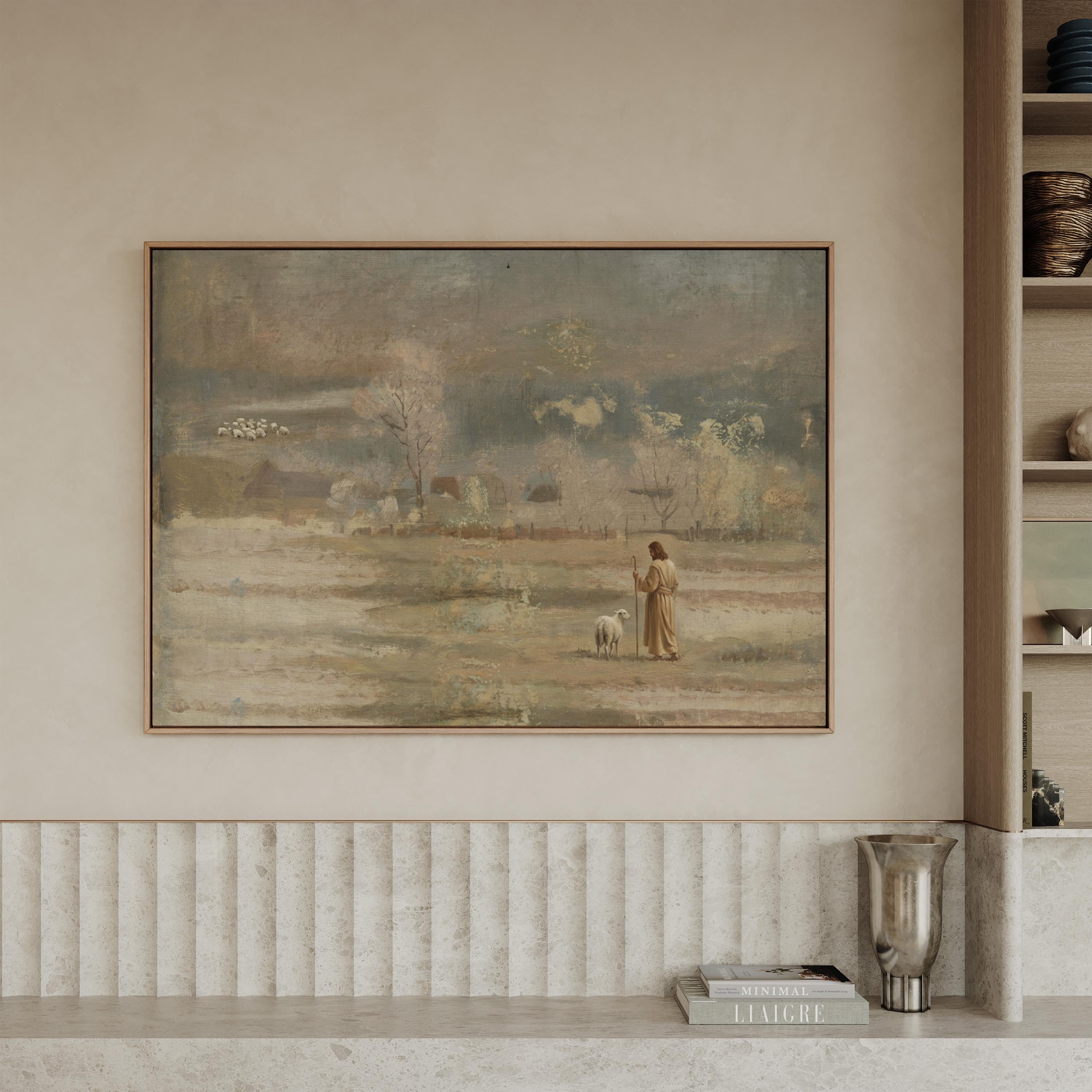 Lost Sheep Framed Canvas | Muted Farm Winter Christian Wall Art Print | Vintage Christian Wall Art | Faith Gift | L0008