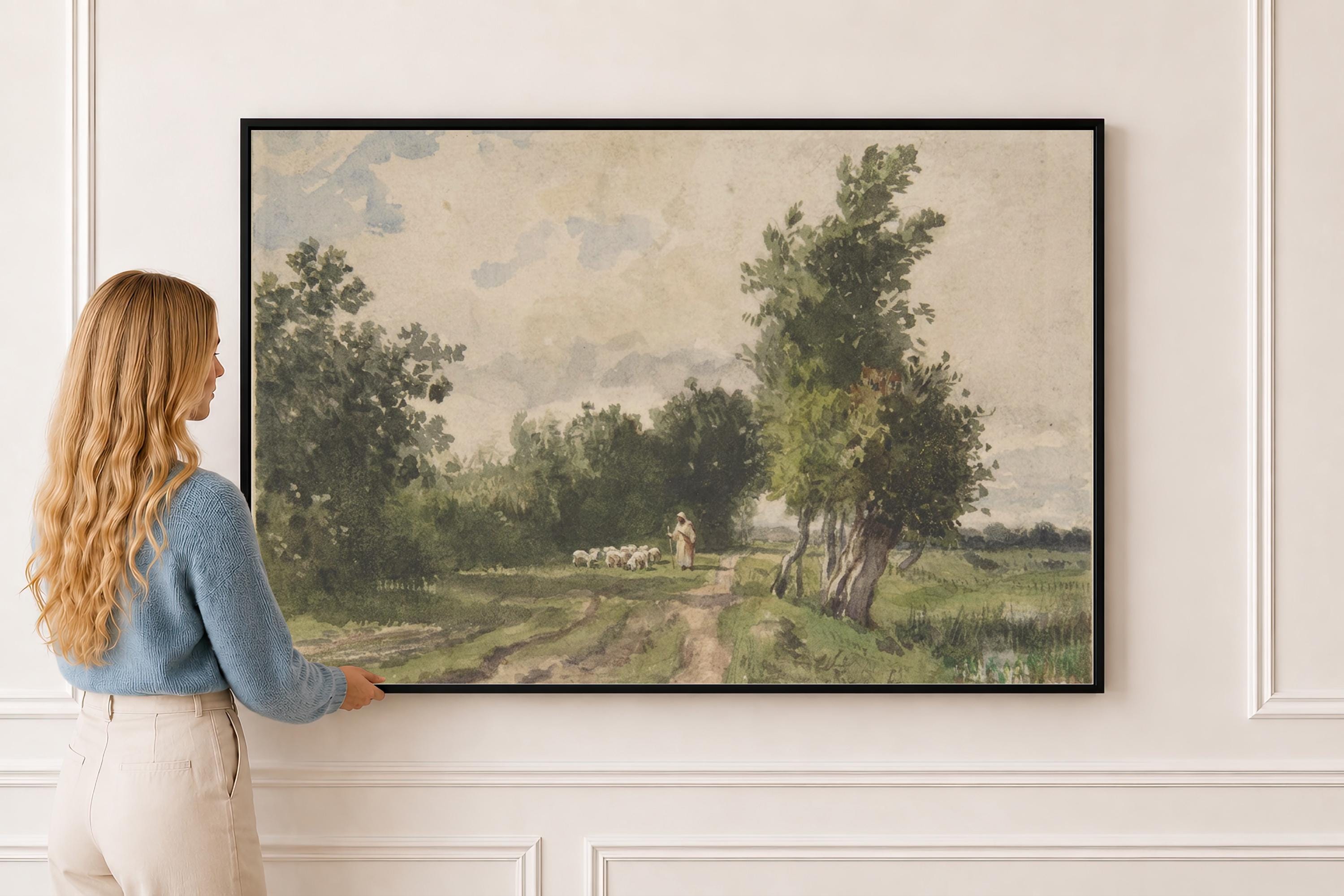 Psalm 23 Framed Canvas | Country Path Jesus with Sheep Christian Print | Vintage Christian Wall Art | Faith Gift | S0002