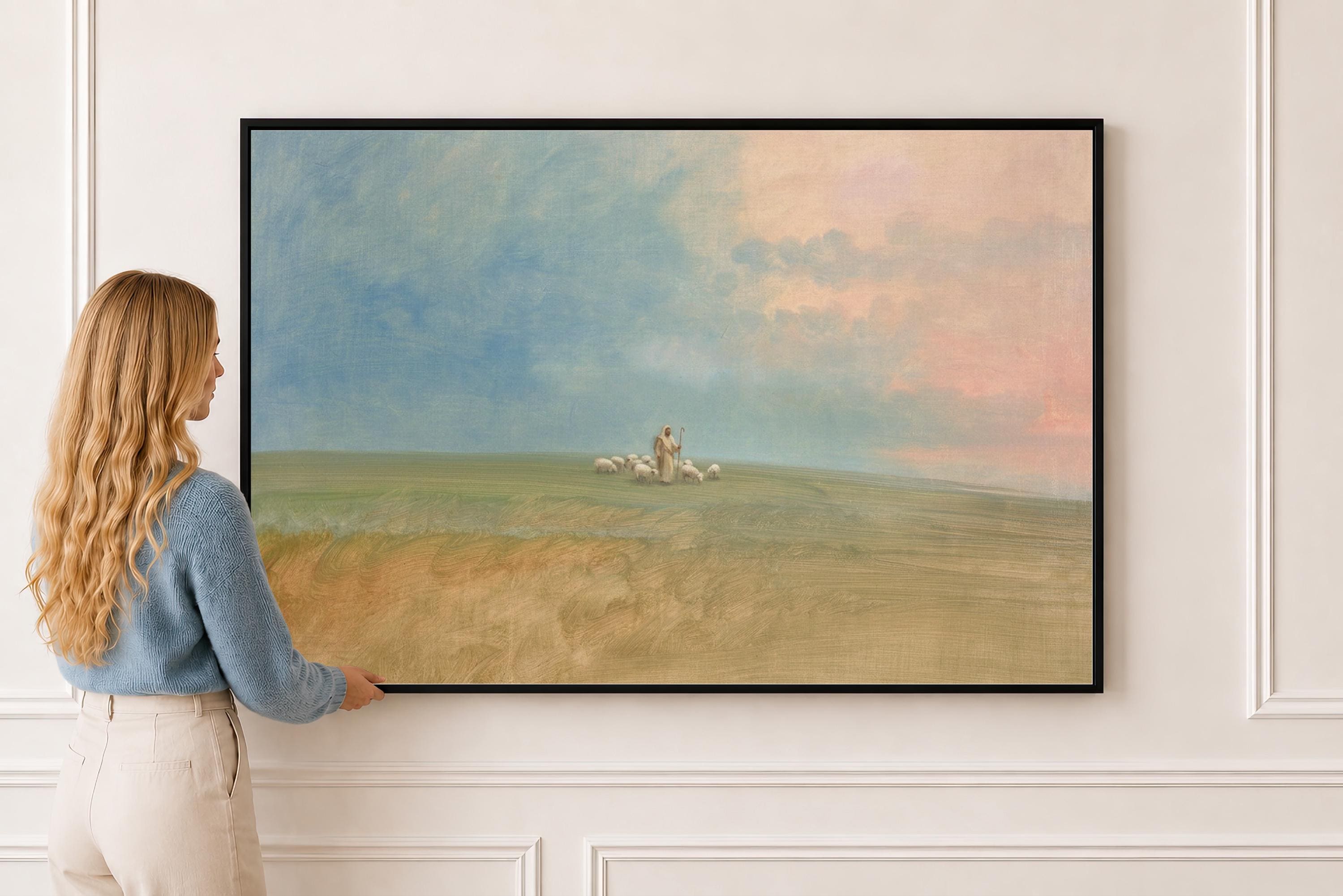 Psalm 23 Framed Canvas | Jesus with Sheep Christian Print | Vintage Christian Wall Art | Faith Gift | S0018
