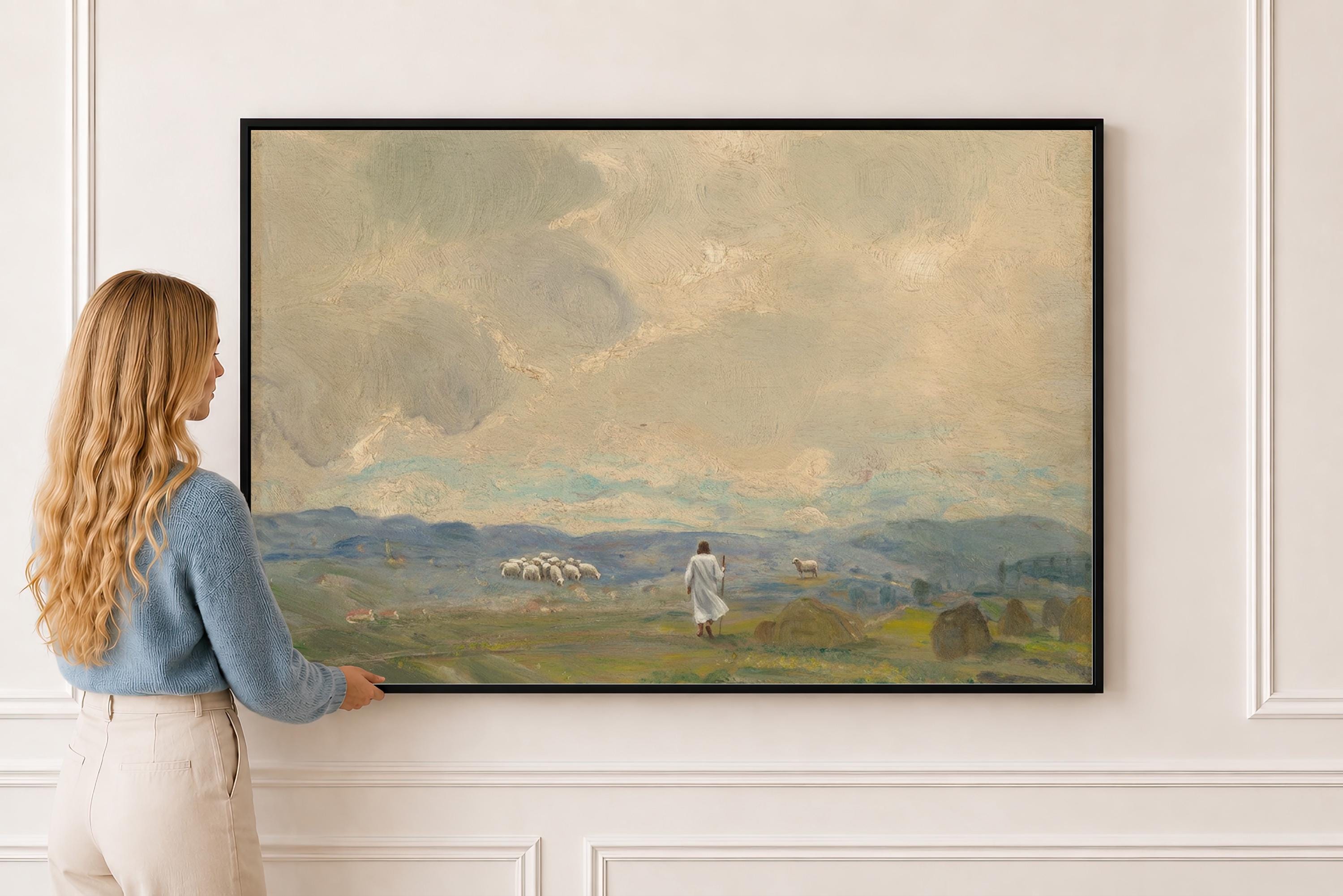 Lost Sheep Framed Canvas | Haystacks Blue Hills Christian Wall Art Print | Vintage Christian Wall Art | Faith Gift | L0005