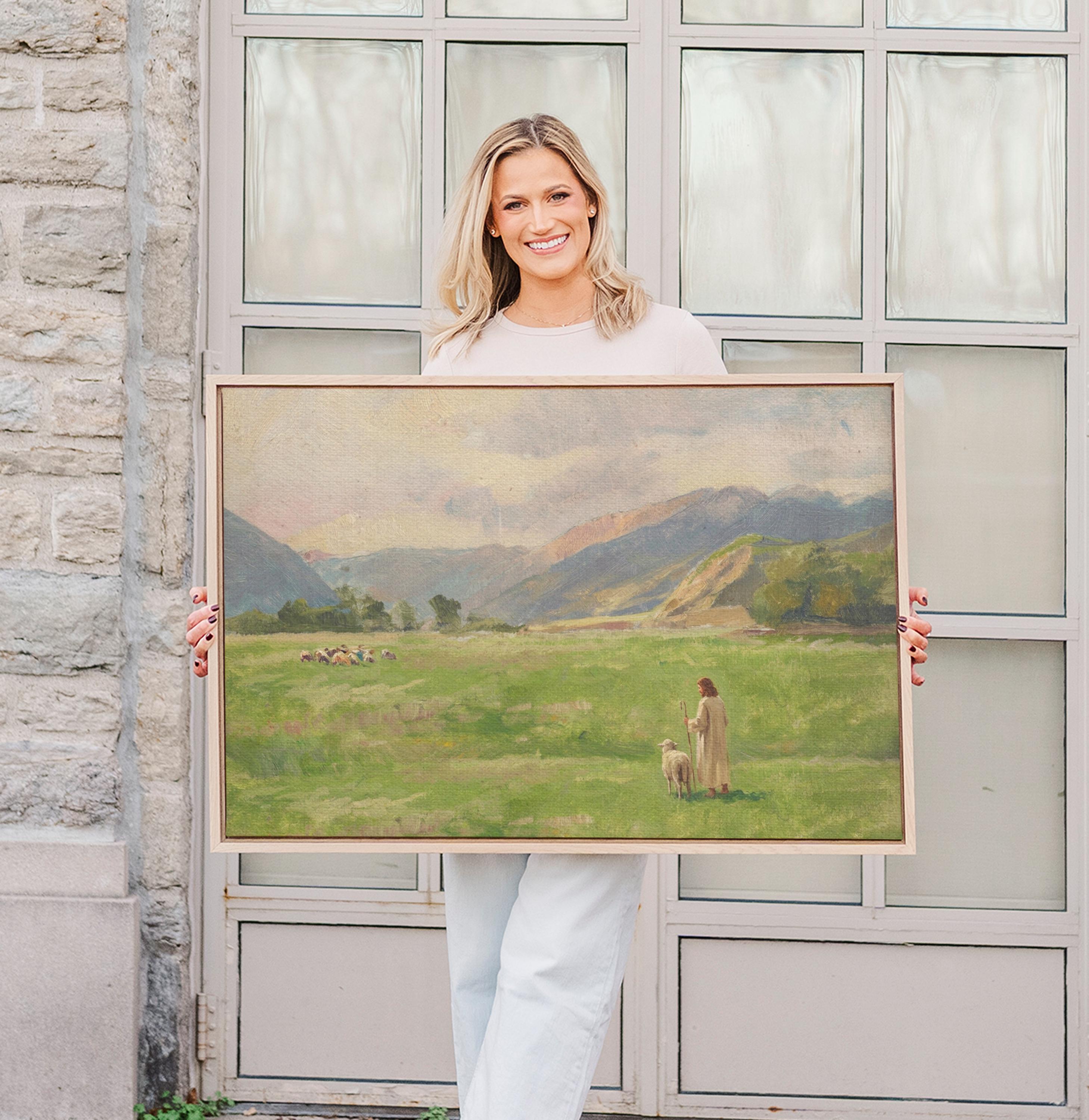 Lost Sheep Framed Canvas | Mountain Meadow Christian Wall Art Print | Neutral Christian Wall Art | Faith Gift | L0007